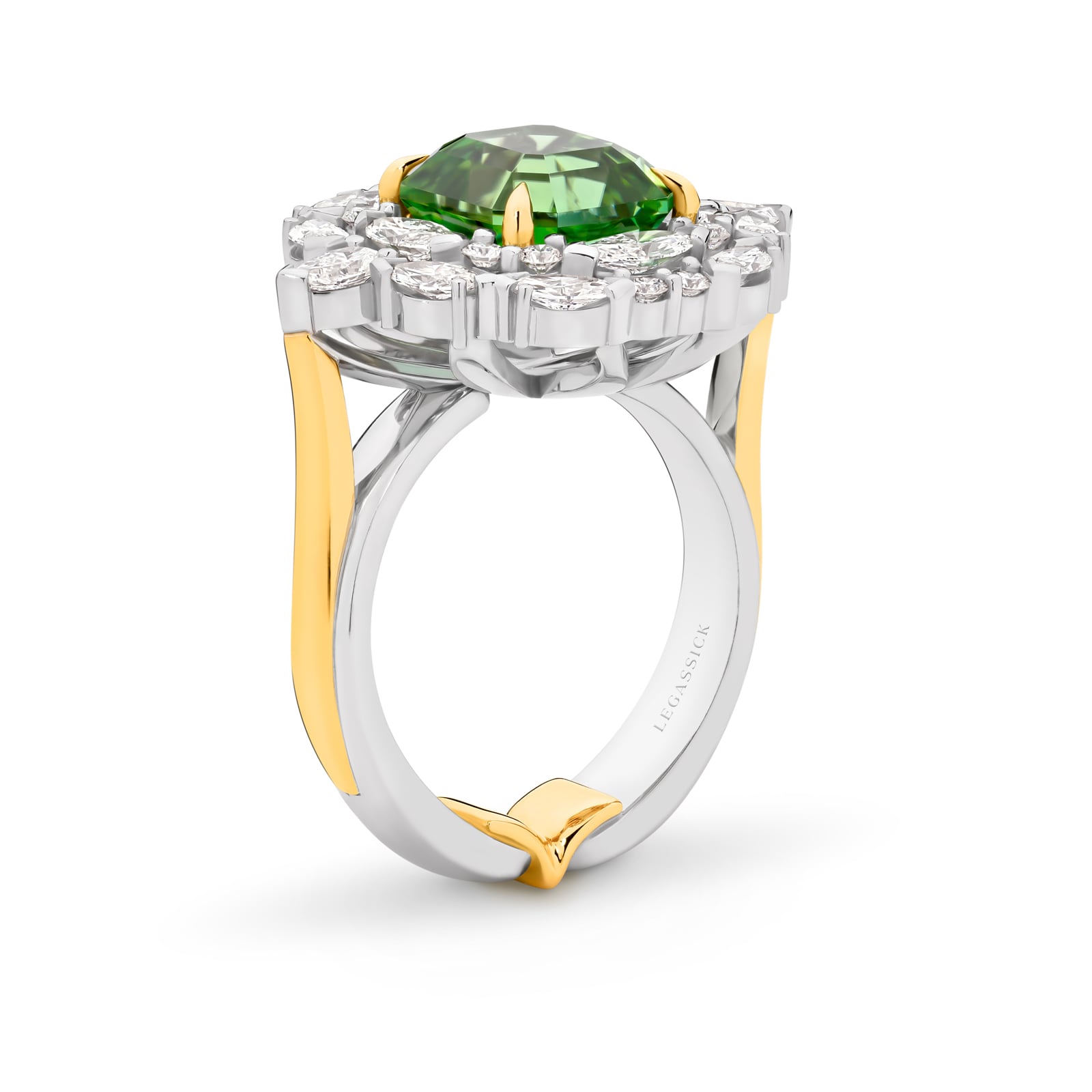 Handcrafted green tourmaline and diamond ring set in white and yellow gold on a white background. Lucinda ring part of The Beyond Luxury Collection by LeGassick.