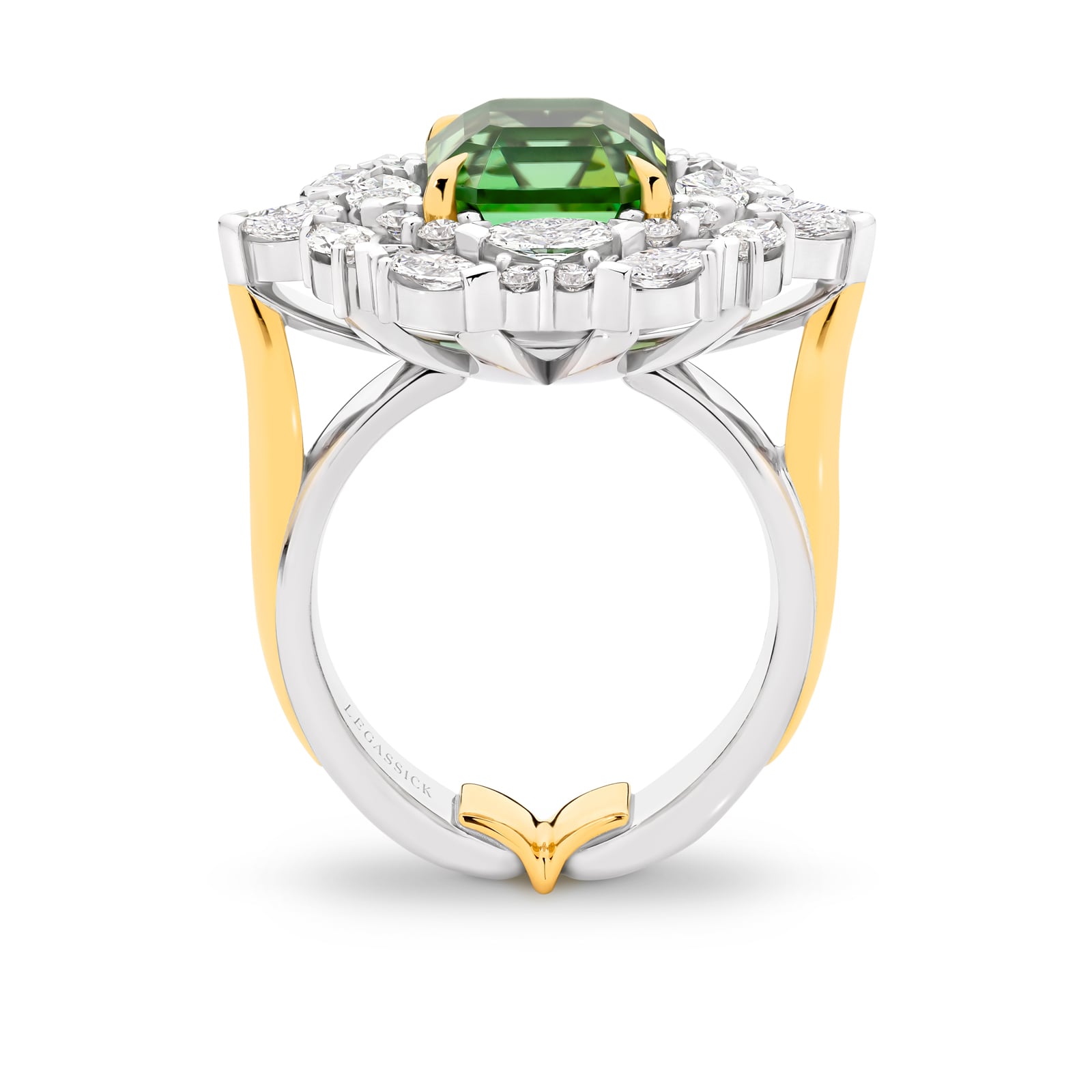Handcrafted green tourmaline and diamond ring set in white and yellow gold on a white background. Lucinda ring part of The Beyond Luxury Collection by LeGassick.