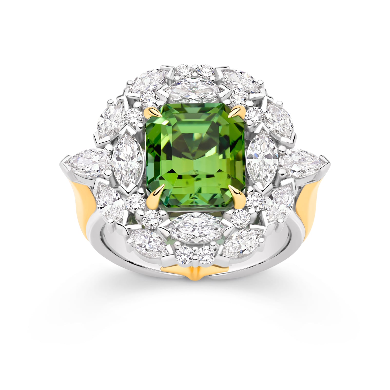 Handcrafted green tourmaline and diamond ring set in white and yellow gold on a white background. Lucinda ring part of The Beyond Luxury Collection by LeGassick.