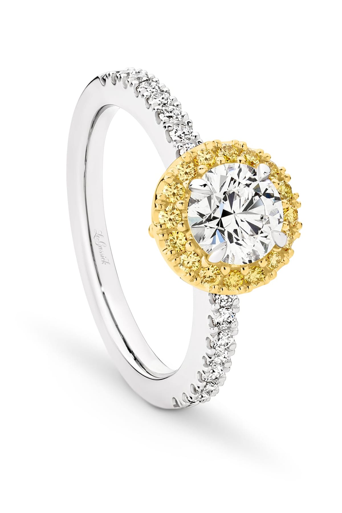 Lucy is a stunning 1 carat white diamond ring with a yellow diamond halo. Part of the Beyond Luxury Collection from LeGassick.