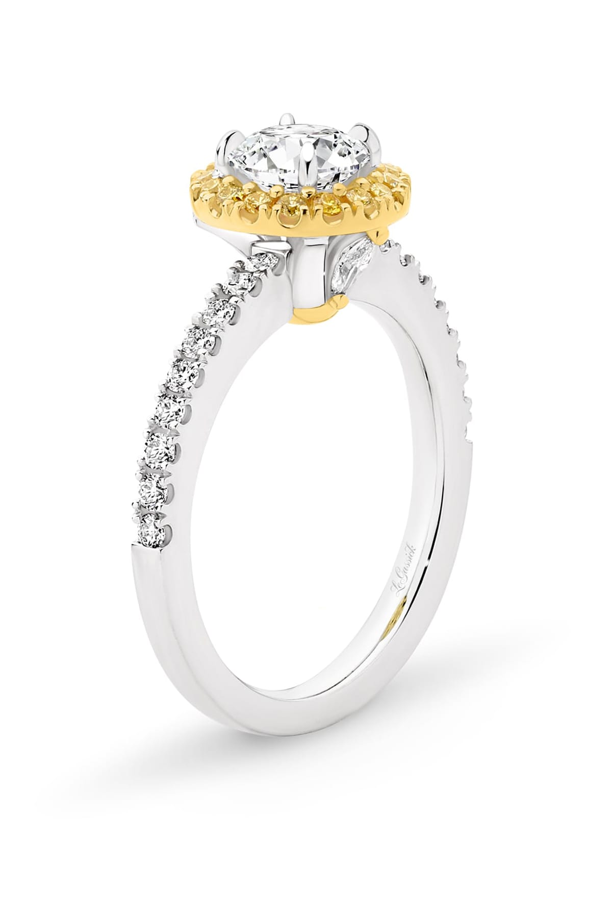 Lucy is a stunning 1 carat white diamond ring with a yellow diamond halo. Part of the Beyond Luxury Collection from LeGassick.