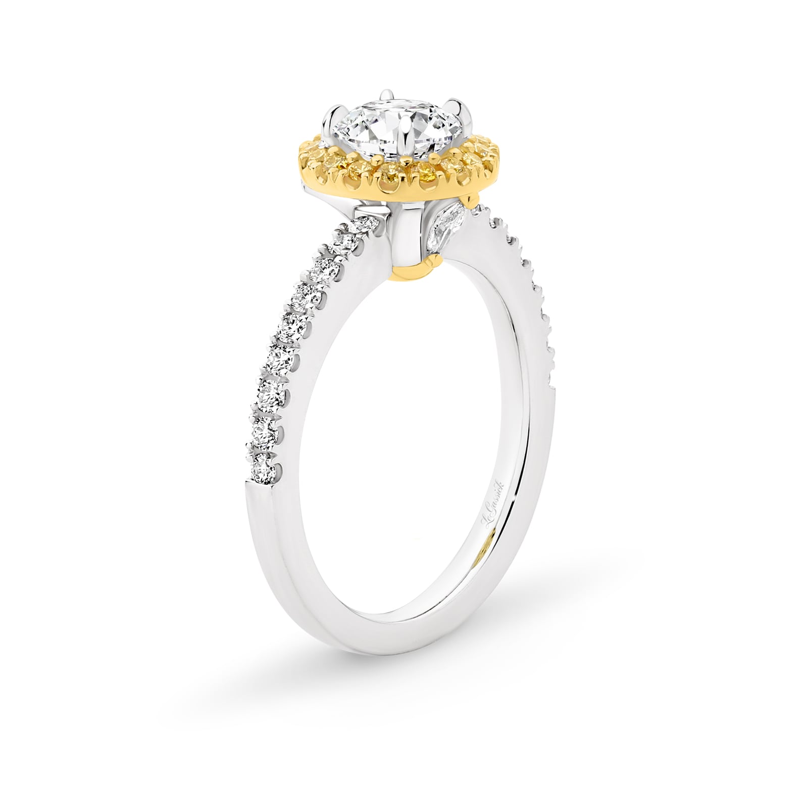 Lucy is a stunning 1 carat white diamond ring with a yellow diamond halo. Part of the Beyond Luxury Collection from LeGassick.