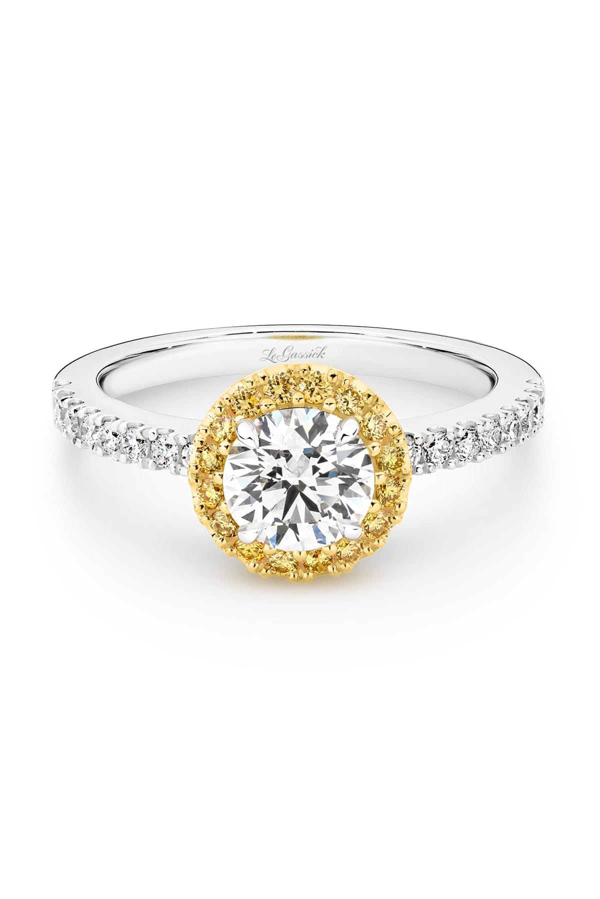 Lucy is a stunning 1 carat white diamond ring with a yellow diamond halo. Part of the Beyond Luxury Collection from LeGassick.