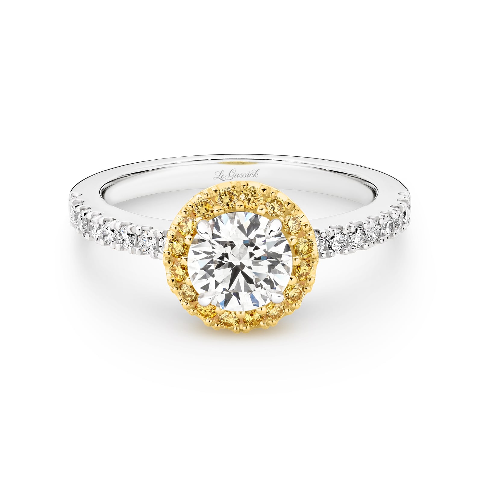 Lucy is a stunning 1 carat white diamond ring with a yellow diamond halo. Part of the Beyond Luxury Collection from LeGassick.