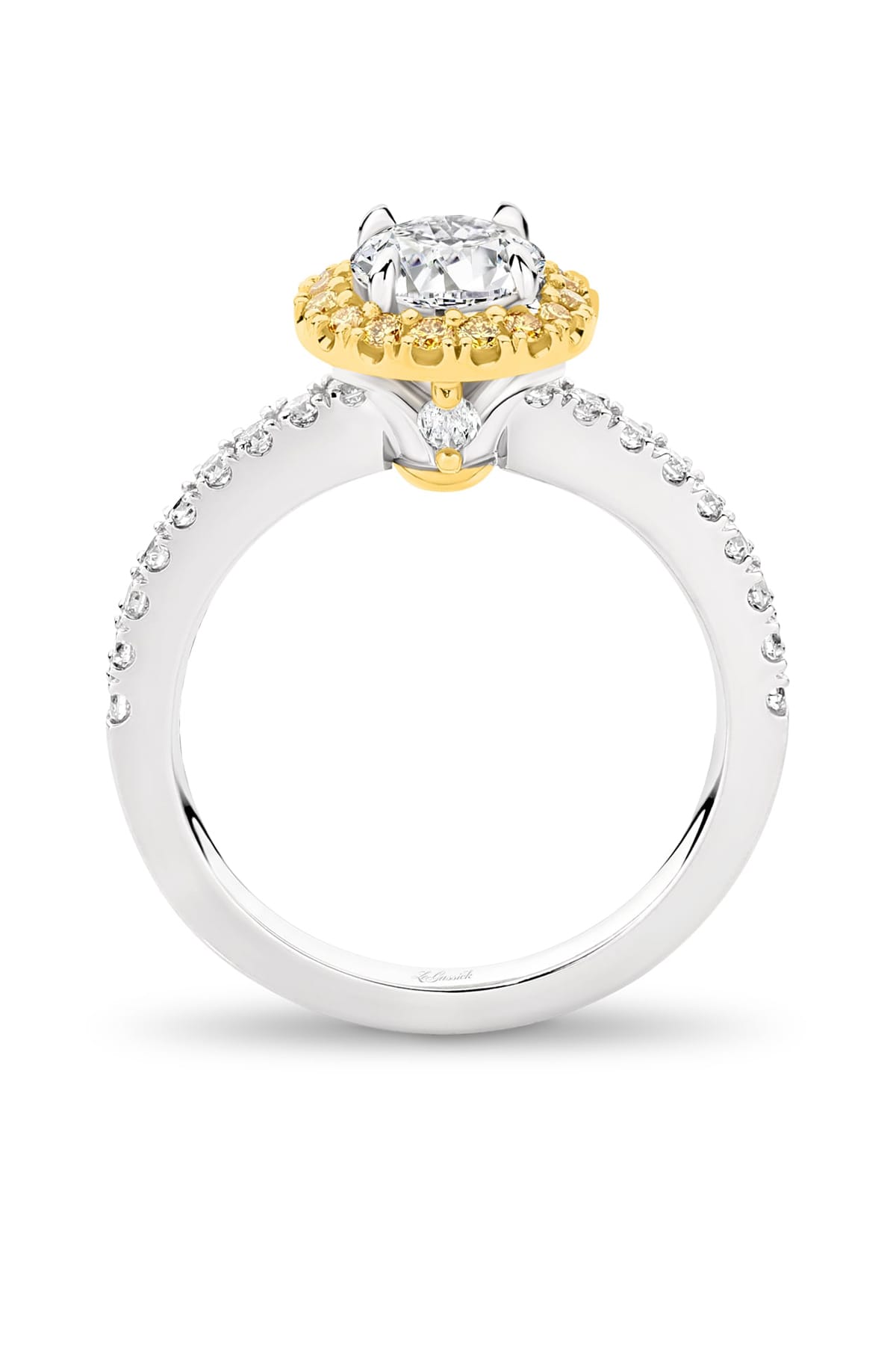 Lucy is a stunning 1 carat white diamond ring with a yellow diamond halo. Part of the Beyond Luxury Collection from LeGassick.
