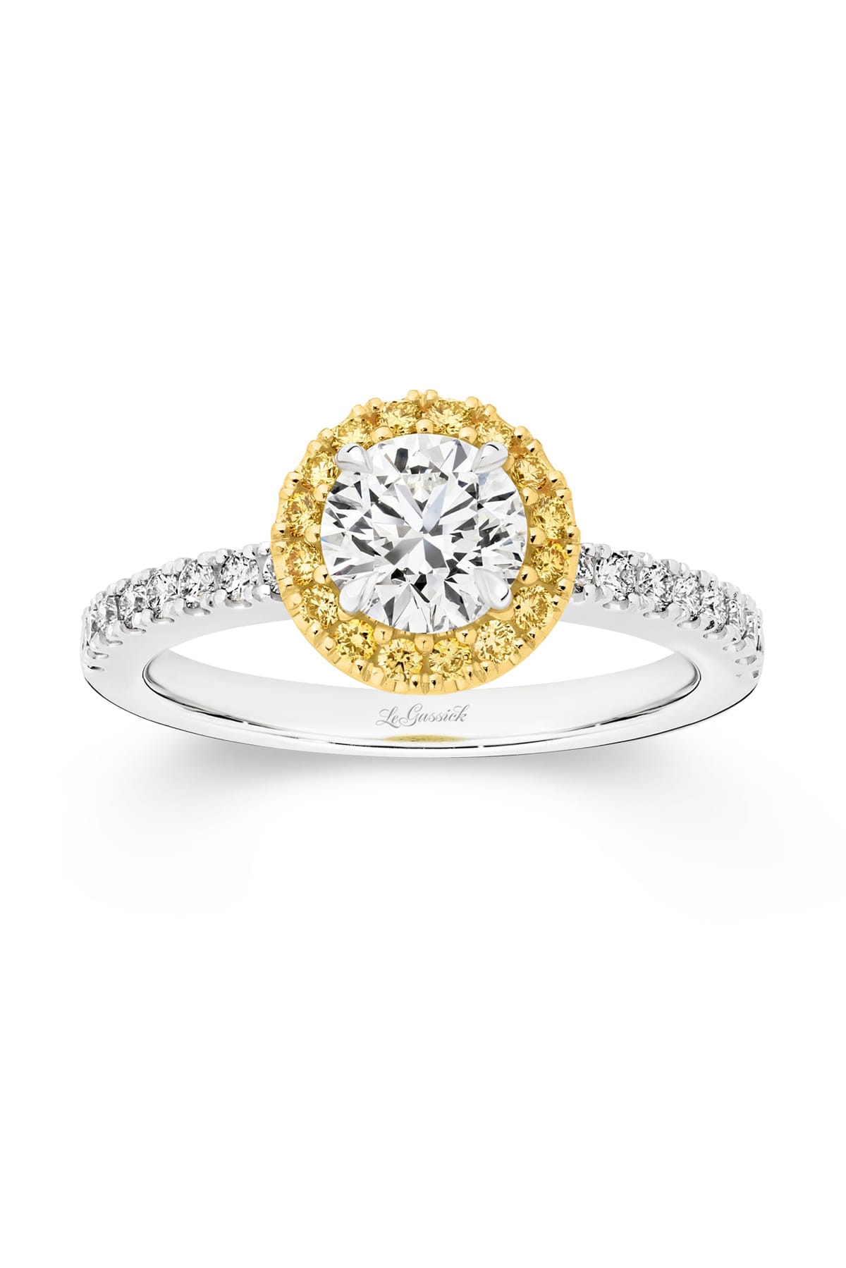 Lucy is a stunning 1 carat white diamond ring with a yellow diamond halo. Part of the Beyond Luxury Collection from LeGassick.