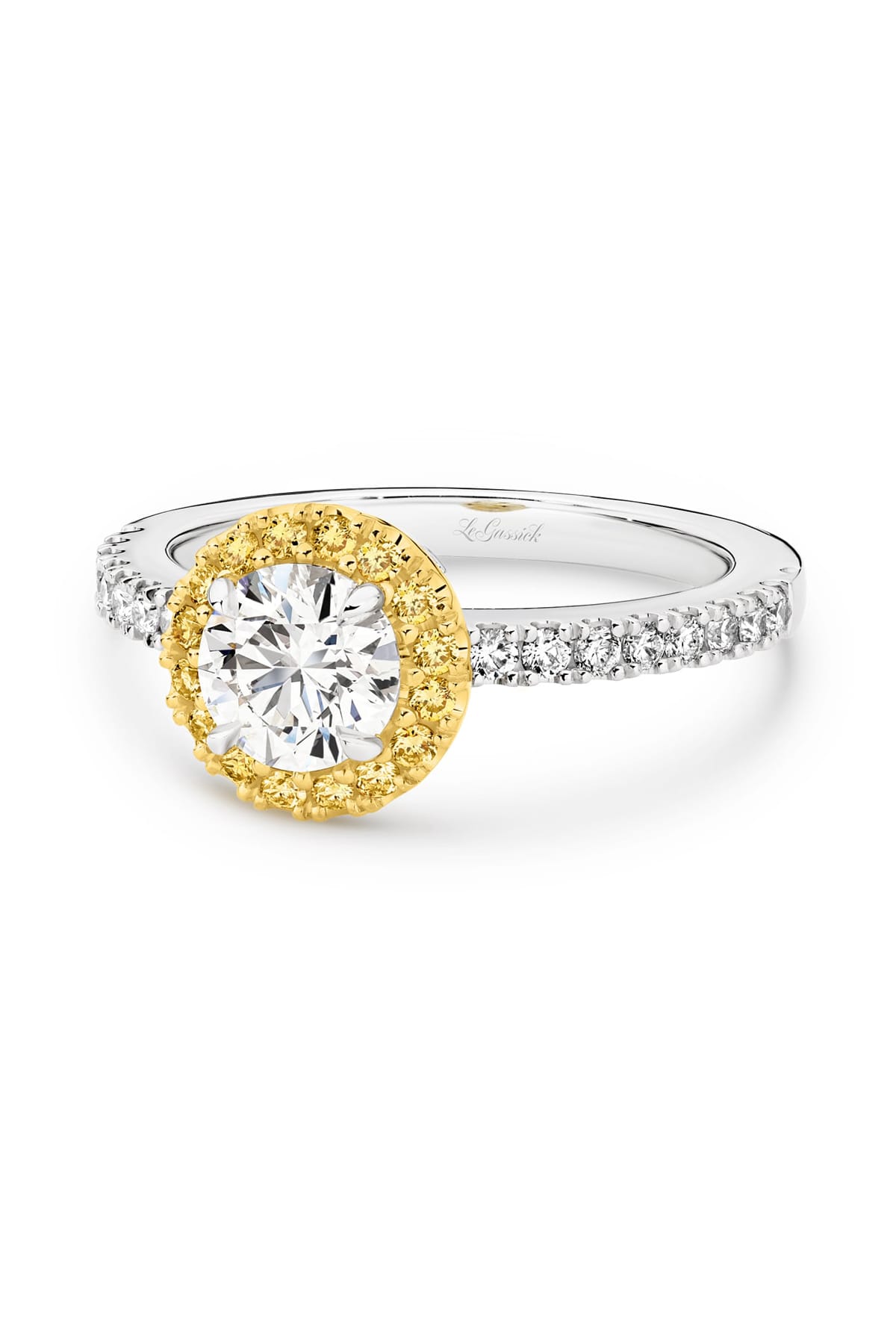 Lucy is a stunning 1 carat white diamond ring with a yellow diamond halo. Part of the Beyond Luxury Collection from LeGassick.