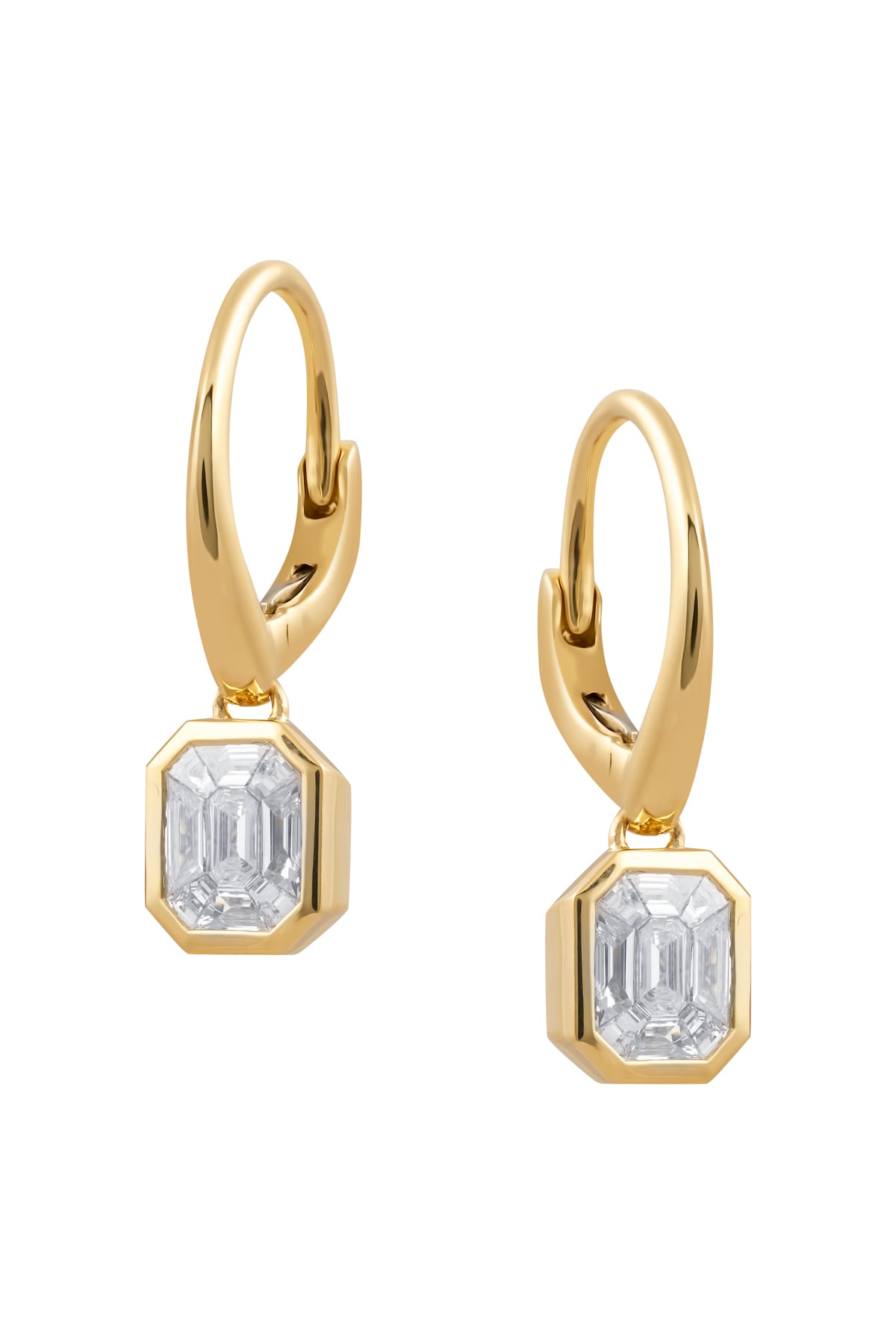 Magic Emerald Cut Diamond Set Drop Huggie Style Earrings in 18k Yellow Gold from LeGassick Jewellery Gold Coast, Australia.