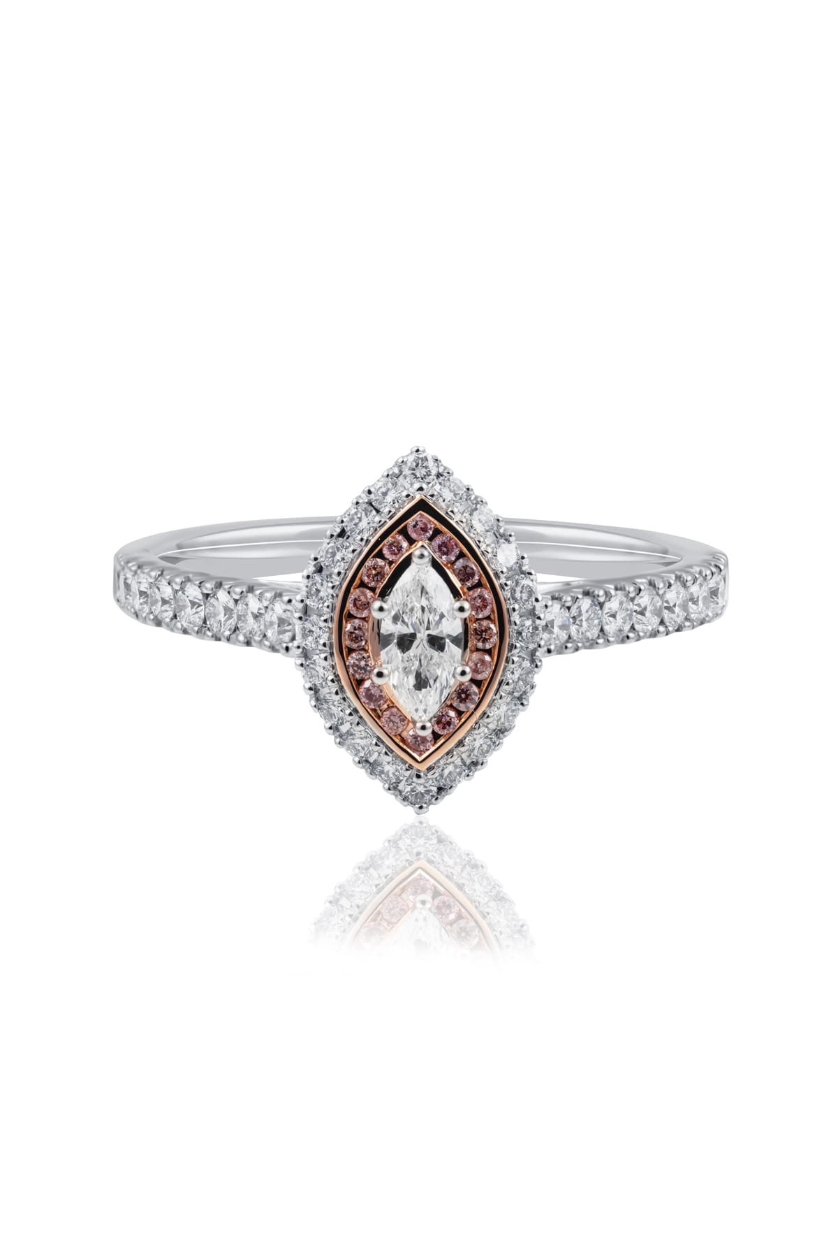 Marquise Diamond Halo Ring With A Halo OfArgyle Pink Diamonds from LeGassick.