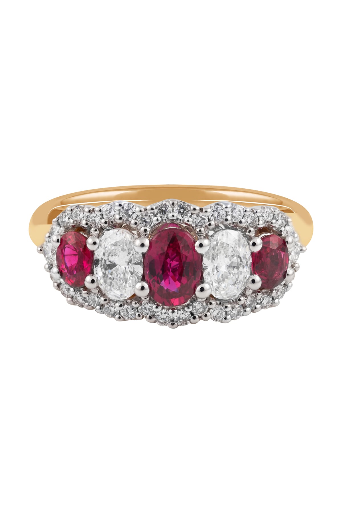 Natural Ruby and Diamond Trilogy Ring set in 18ct Yellow and White Gold available at LeGassick Diamonds and Jewellery Gold Coast, Australia.