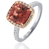 Padparadscha Tourmaline Halo Diamond Ring Set In 18ct White & Rose Gold available from LeGassick Jewellery, Gold Coast, Australia. Showrooms at Pacific Fair and Runaway Bay Centre.