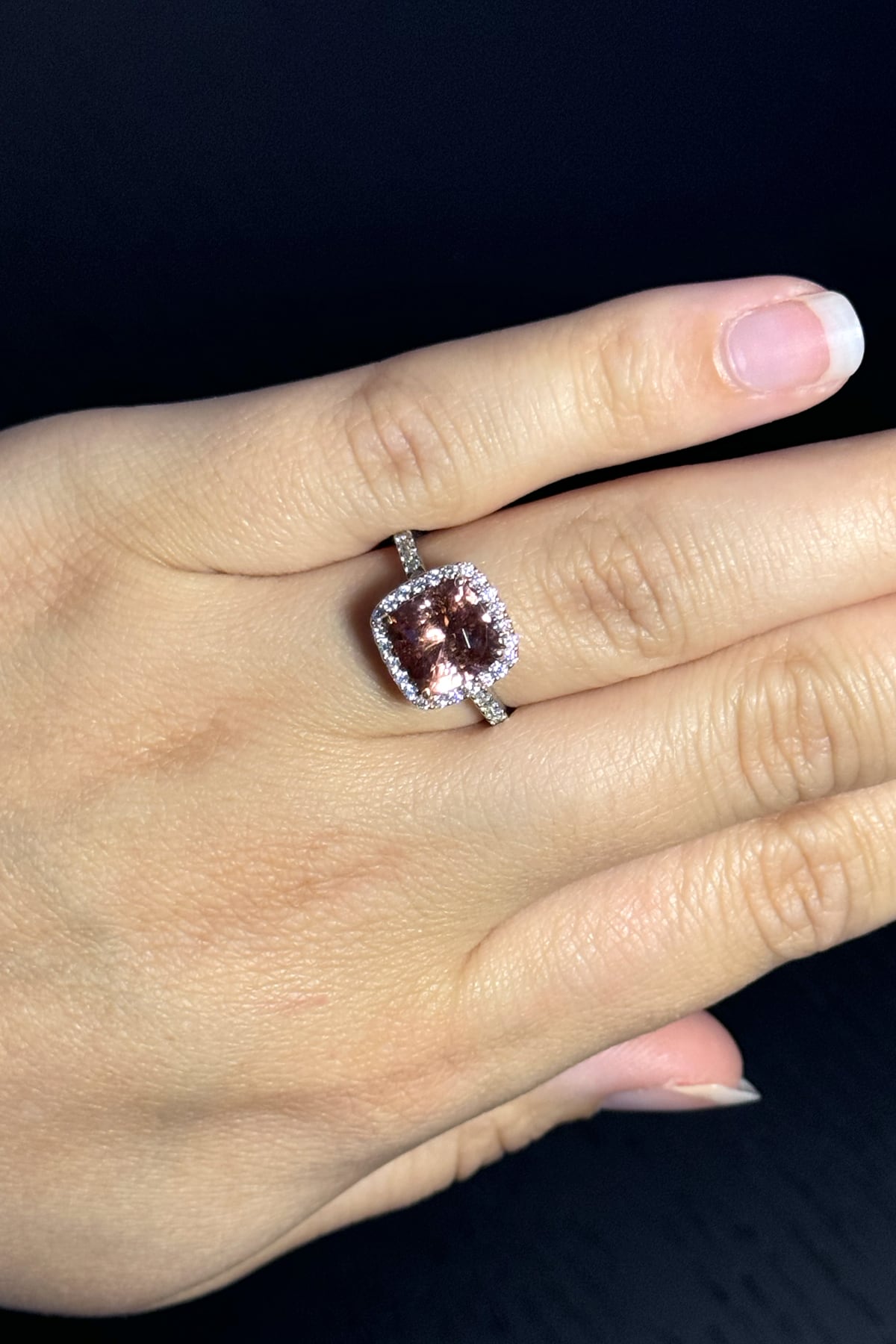 Padparadscha Tourmaline Halo Diamond Ring Set In 18ct White & Rose Gold available from LeGassick Jewellery, Gold Coast, Australia. Showrooms at Pacific Fair and Runaway Bay Centre.