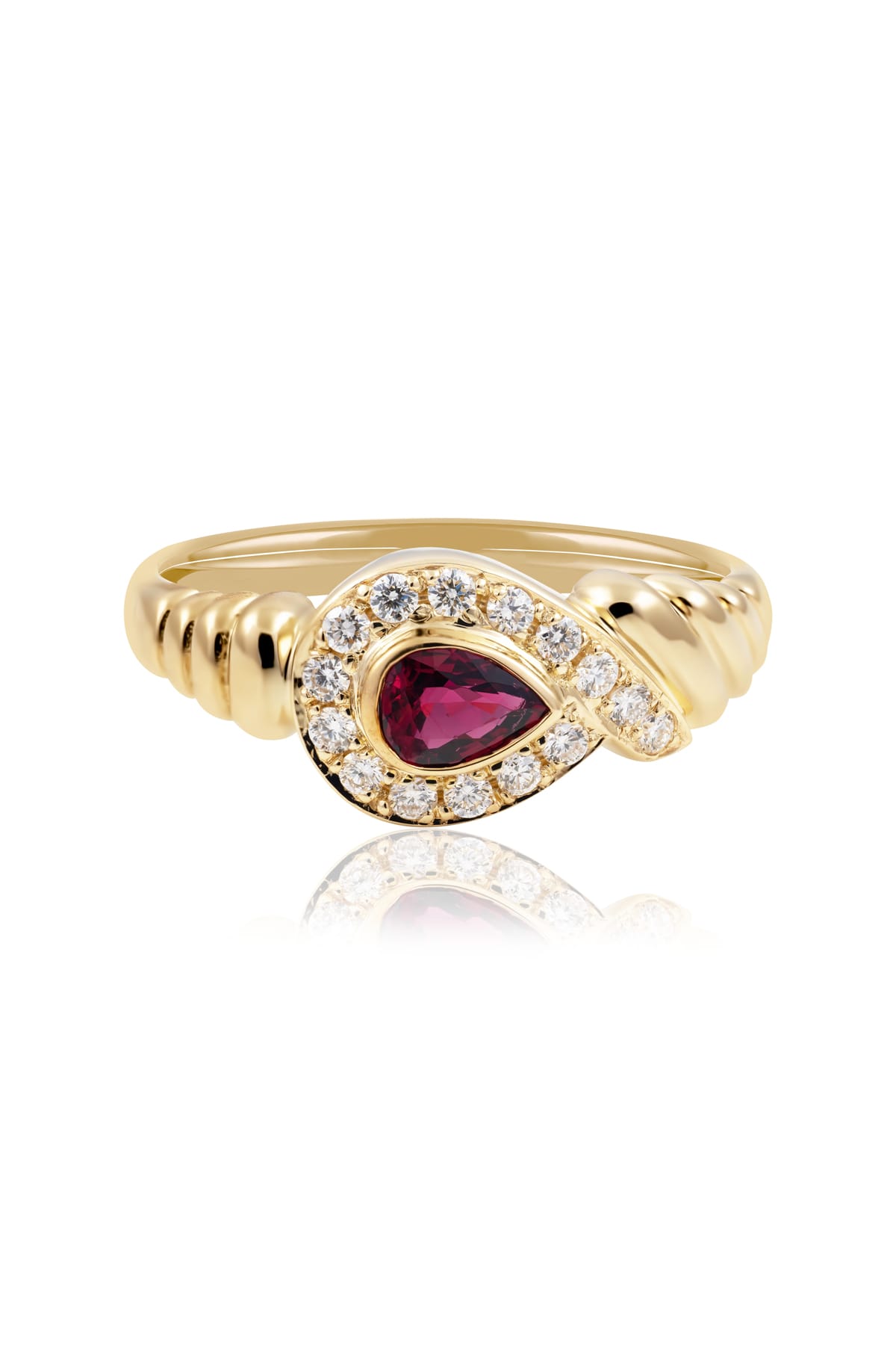 9 Carat Yellow Gold Pear Shaped Ruby Ring available at LeGassick Diamonds and Jewellery Gold Coast, Australia.