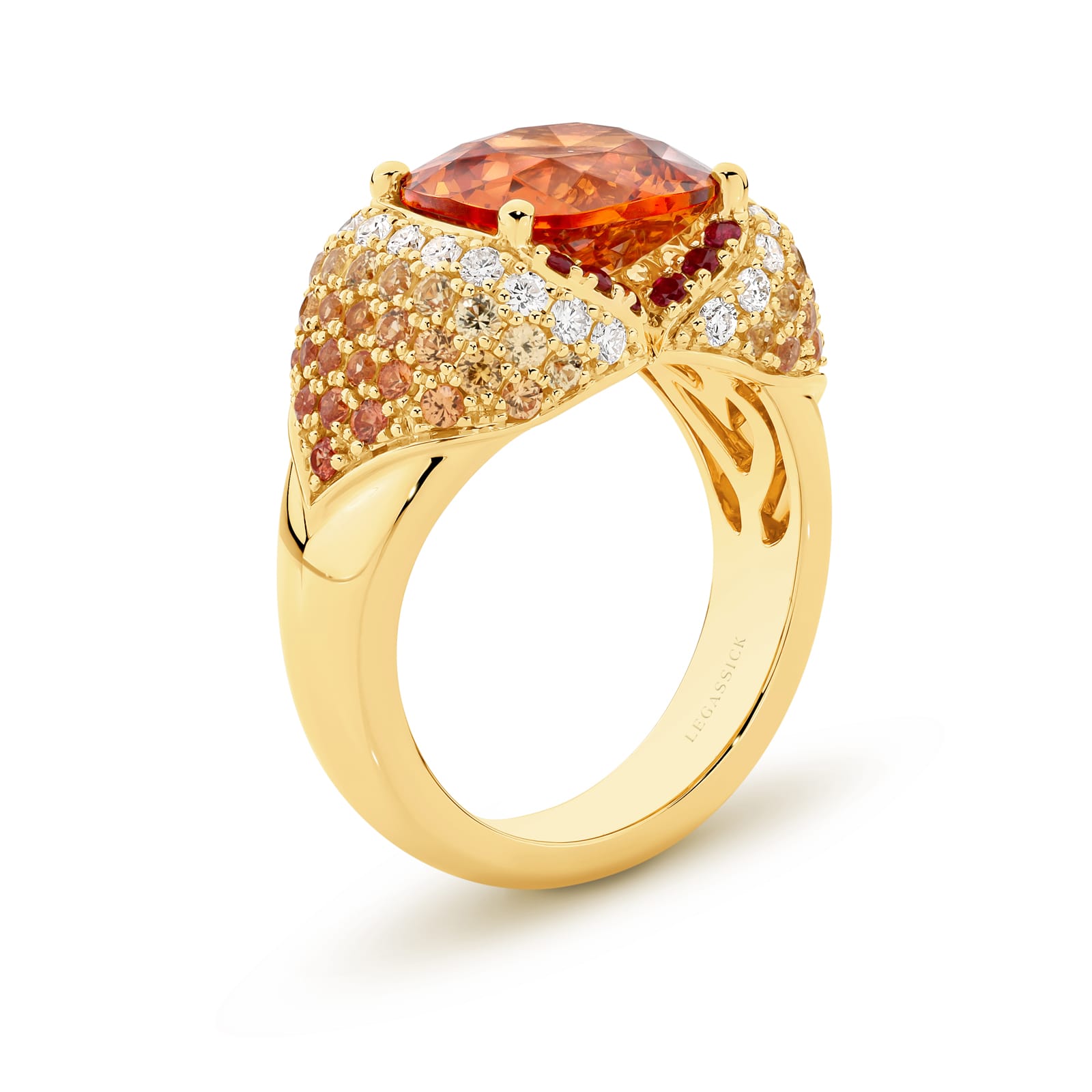 Phoenix is a ring handcrafted by LeGassick Fine Jewellery. Phoenix has a 5.04ct Mandarin Spessartite Garnet centre stone surrounded by diamonds, sapphires, and rubies. All set in white and yellow gold.