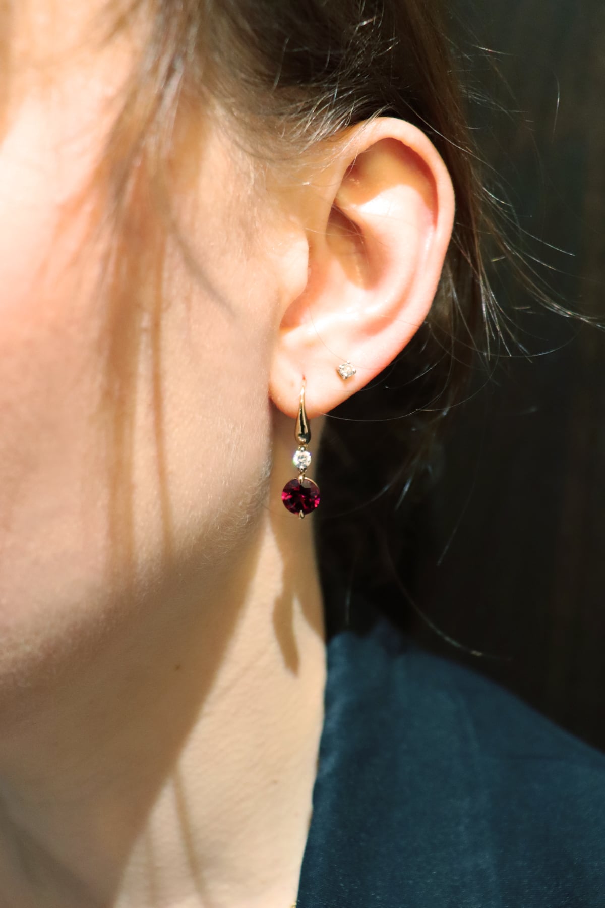 Rhodolite Garnet and Diamond Set Drop Huggie Style Earrings in 18k Rose Gold from LeGassick Jewellery Gold Coast, Australia.