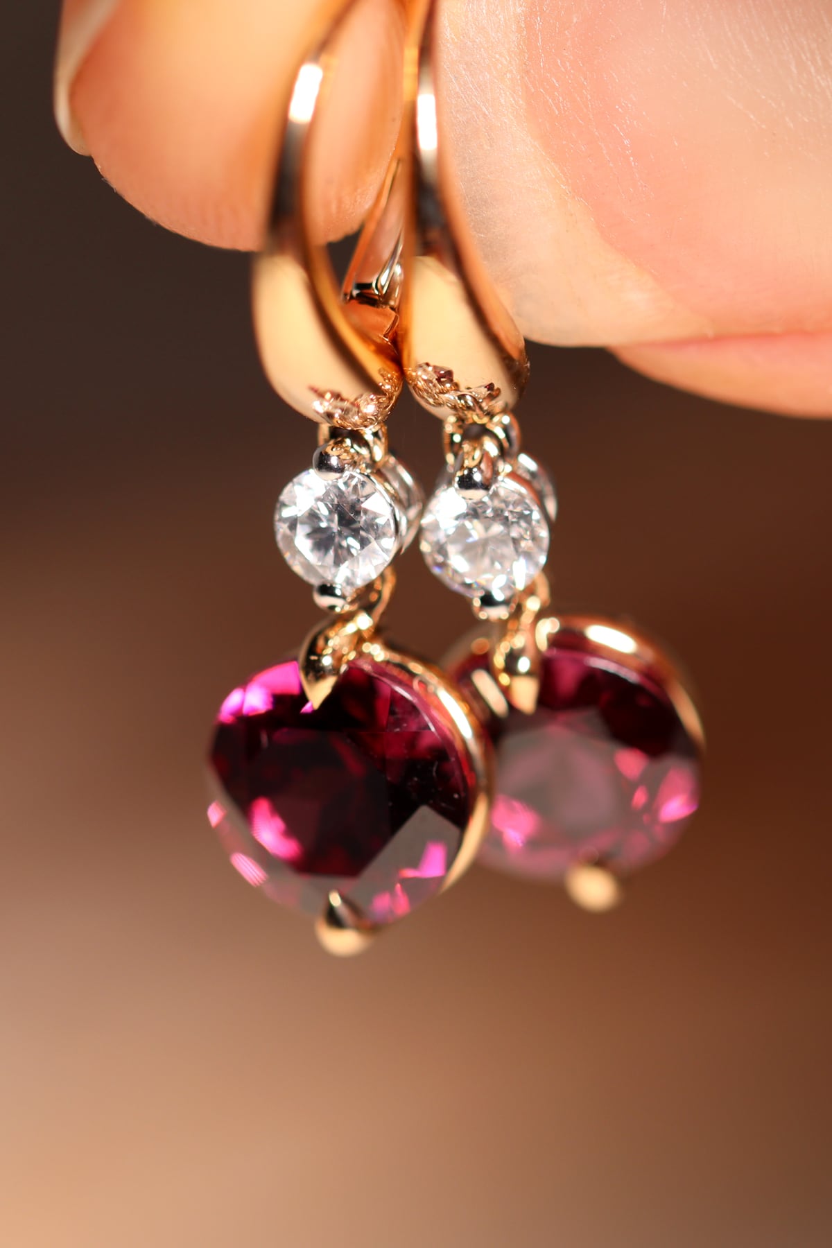 Rhodolite Garnet and Diamond Set Drop Huggie Style Earrings in 18k Rose Gold from LeGassick Jewellery Gold Coast, Australia.