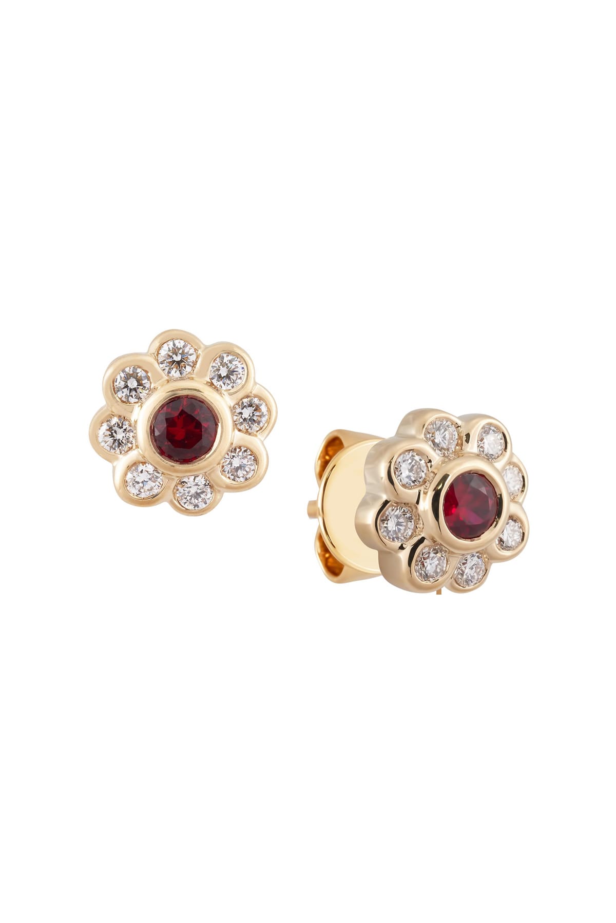Round Ruby and Diamond Set Cluster Stud Earrings set in 18ct Yellow Gold available at LeGassick Diamonds and Jewellery Gold Coast, Australia.