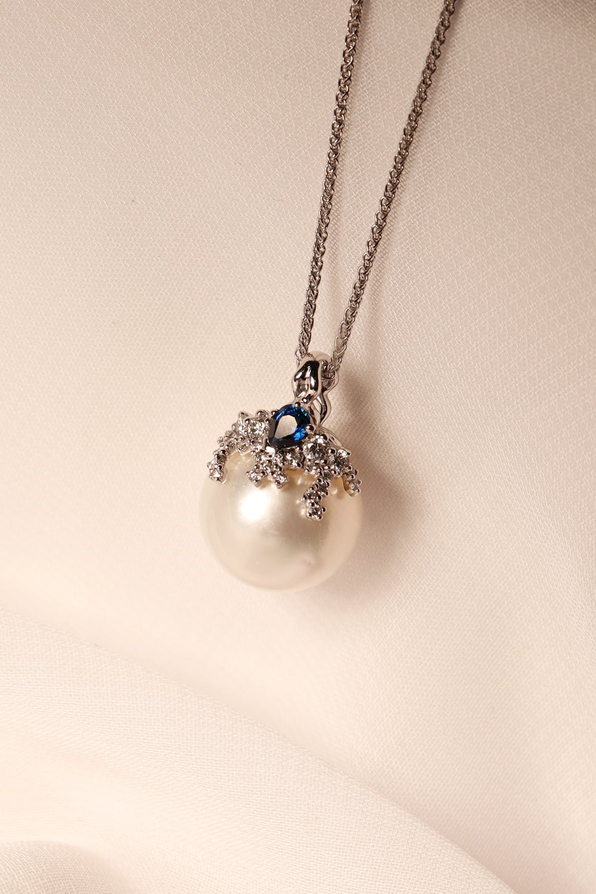 South Sea Pearl Pendant with Natural Sapphire & Diamonds in 18k White Gold from LeGassick Jewellery Gold Coast, Australia.