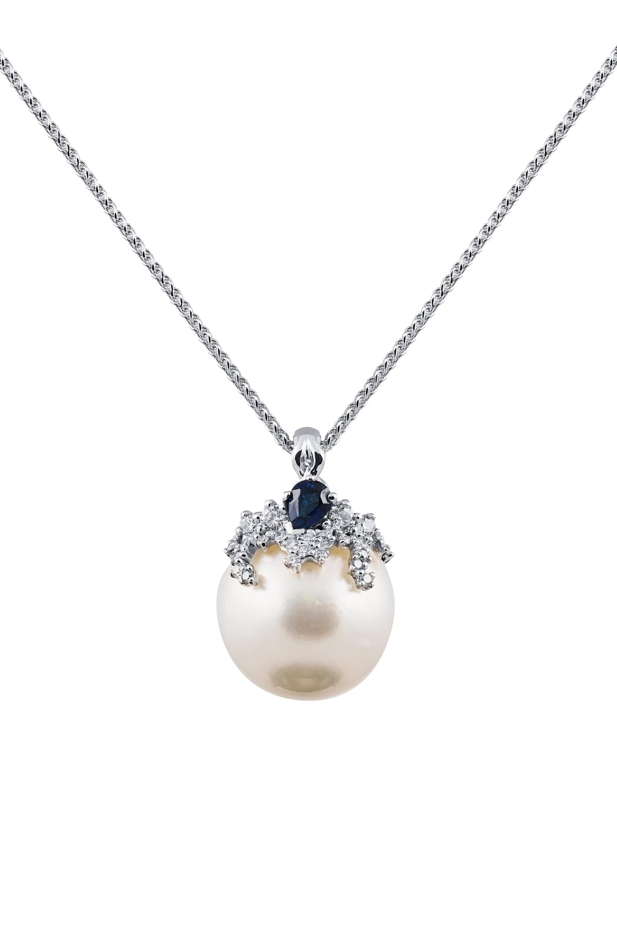 South Sea Pearl Pendant with Natural Sapphire & Diamonds in 18k White Gold from LeGassick Jewellery Gold Coast, Australia.
