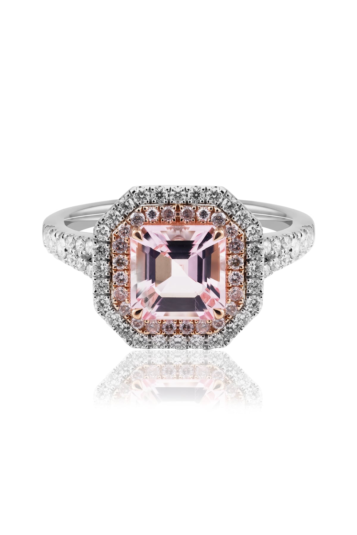 Square Asscher Cut Pink Morganite & Diamond Halo Ring from LeGassick.