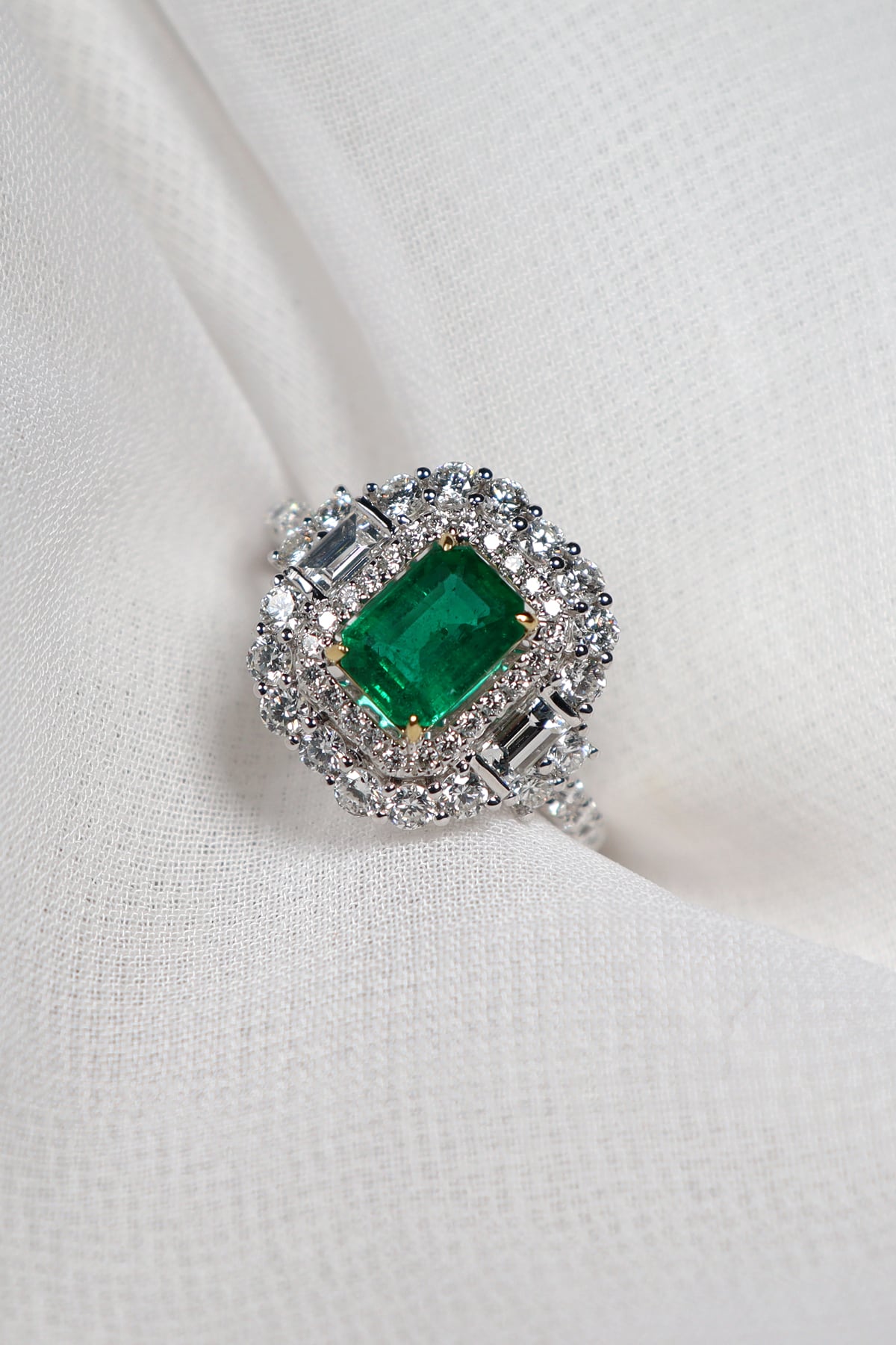 White and Yellow Gold 0.93ct Emerald with Diamond Set Ring from LeGassick Jewellery, Gold Coast, Australia.