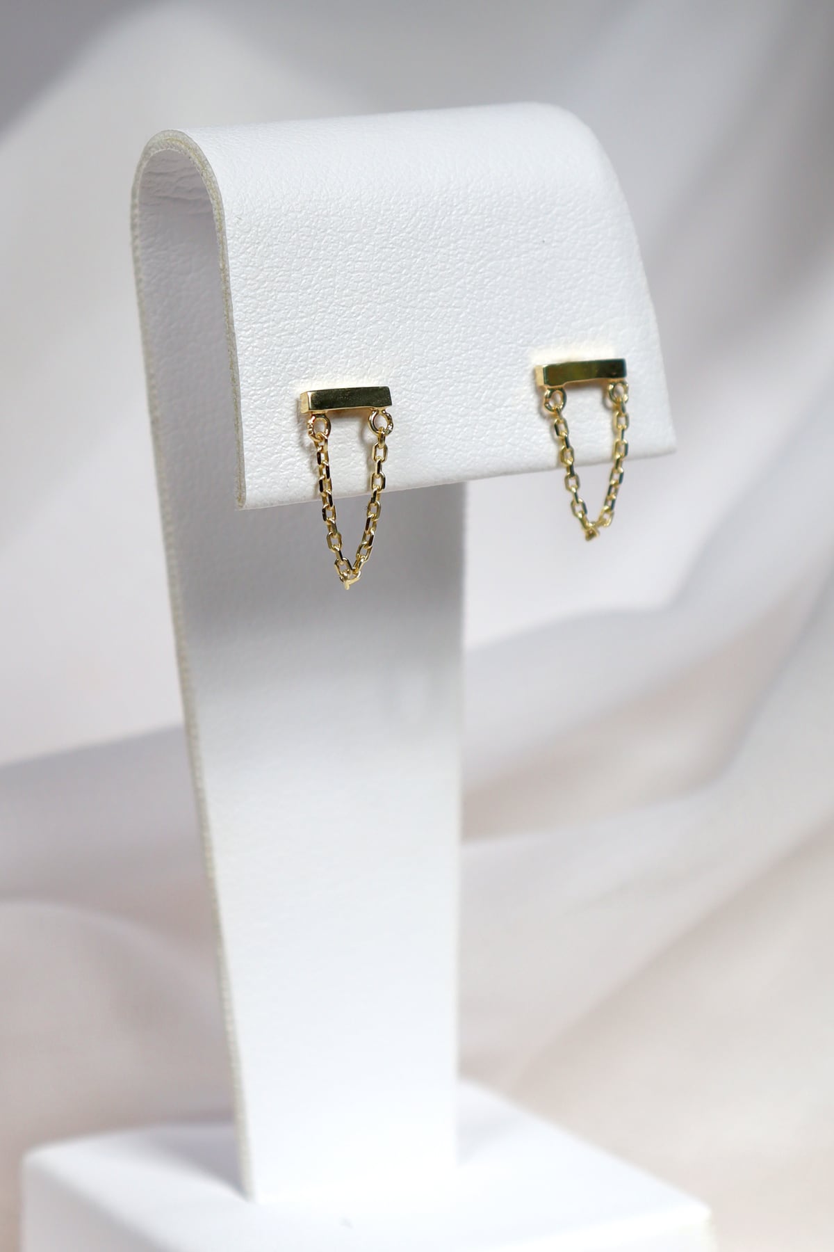 Yellow Gold Horizontal Plain Bar with Chain Drop Stud Earrings from LeGassick Jewellery, Gold Coast, Australia.