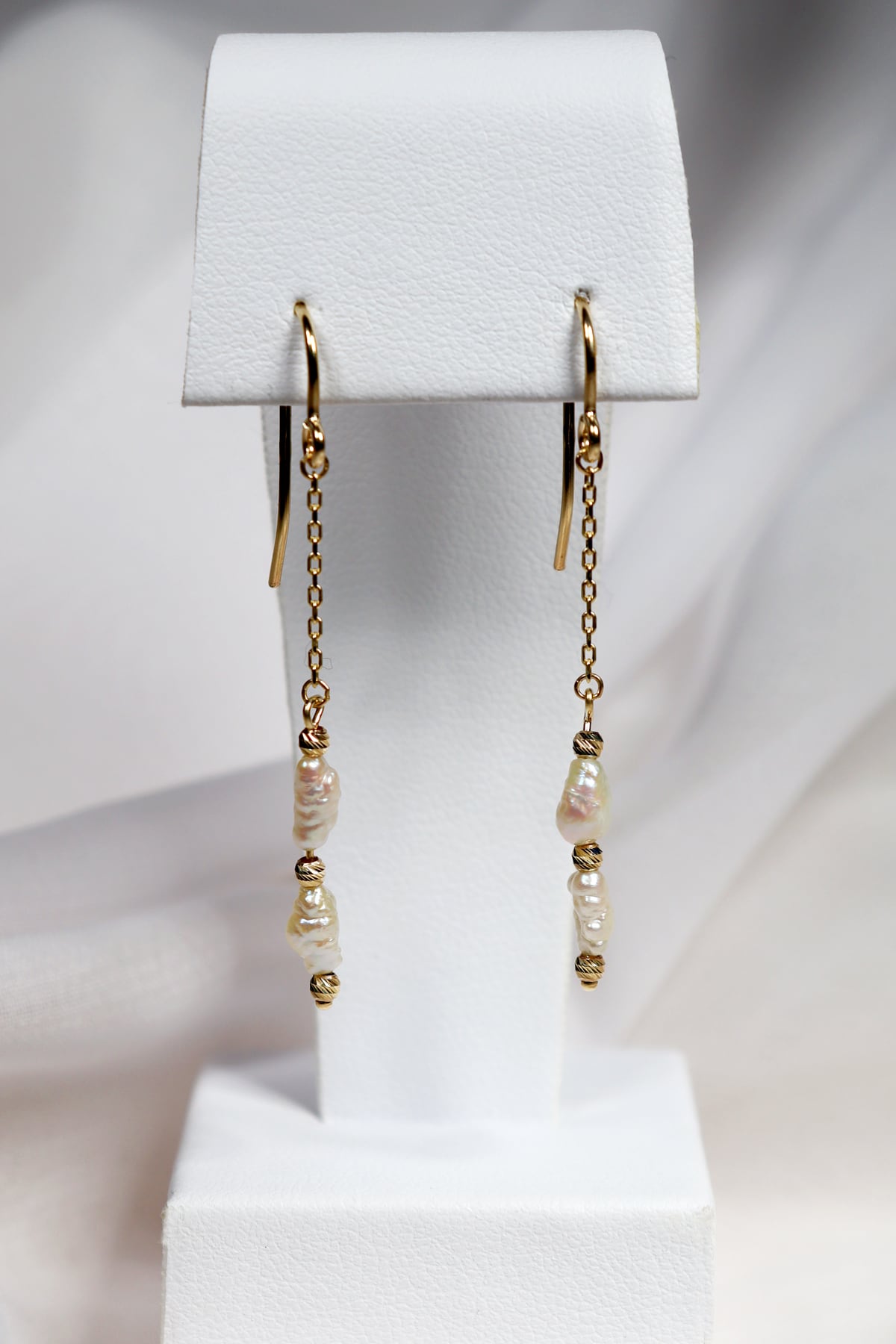 Yellow Gold Pearl Drop Earrings with Diamond Cut Drop and Shepherd Hooks from LeGassick Jewellery, Gold Coast, Australia.