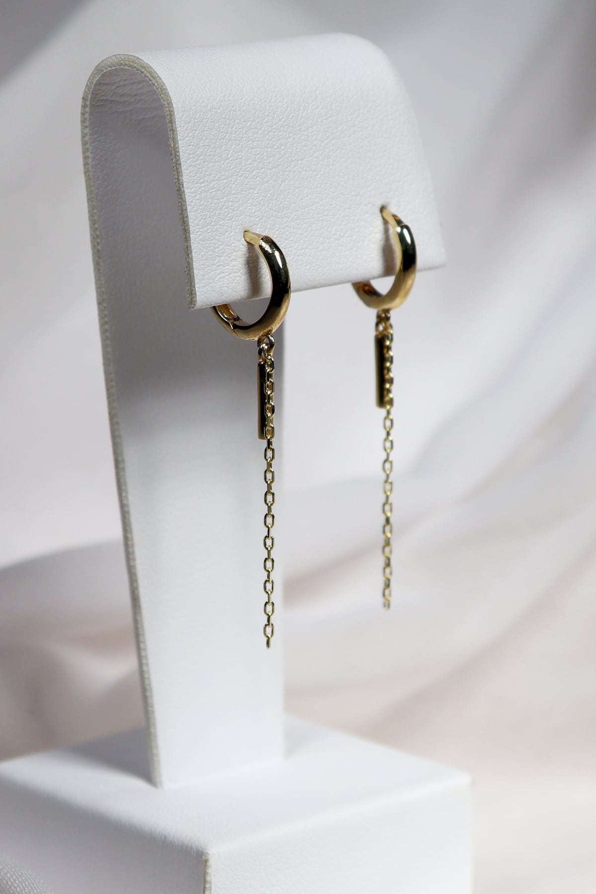 Yellow Gold Plain Huggie Earrings with Chain and Bar Drop from LeGassick Jewellery, Gold Coast, Australia.