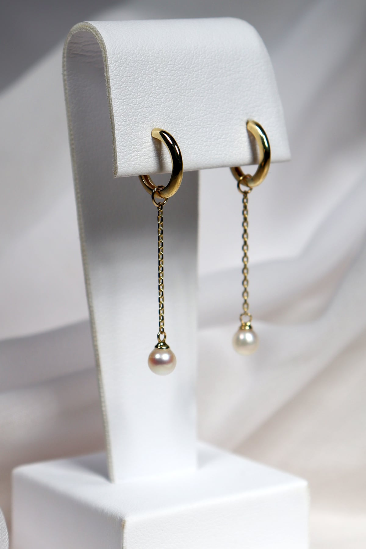 Yellow Gold Plain Huggie Earrings with Pearl Chain Drop from LeGassick Jewellery, Gold Coast, Australia.