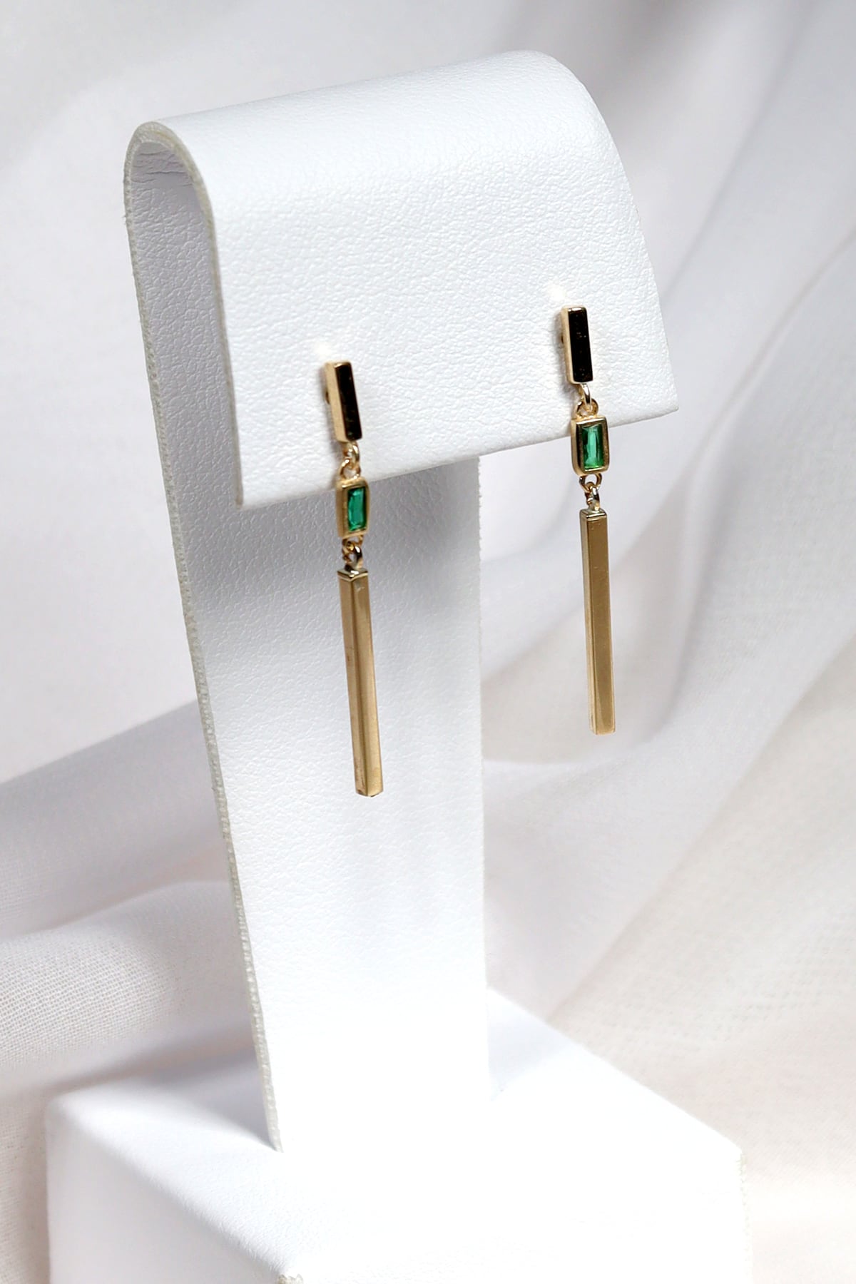 Yellow Gold Vertical Plain Bar Drop Stud Earrings with Green Synthetic Emerald from LeGassick Jewellery, Gold Coast, Australia.