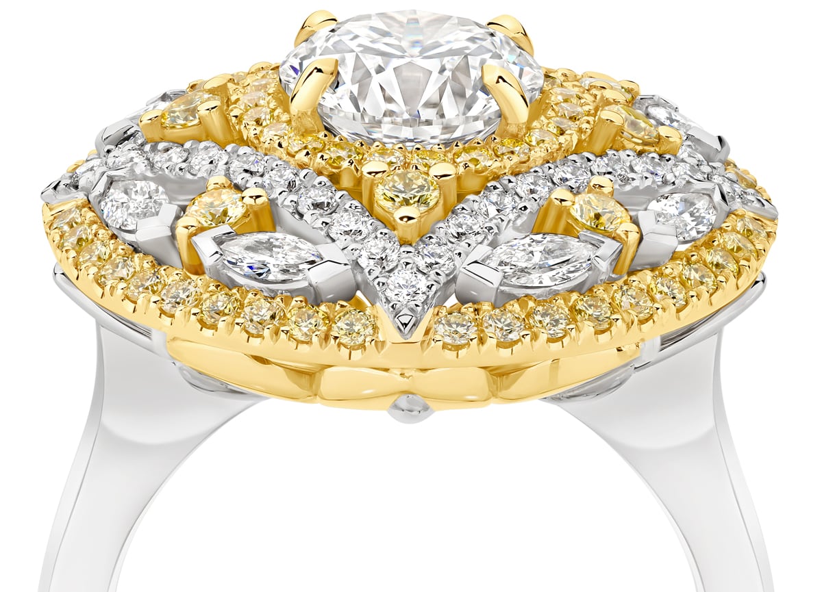 Yellow and white diamond dress ring set in 18ct gold on a white background. Amara ring part of The Beyond Luxury Collection by LeGassick.