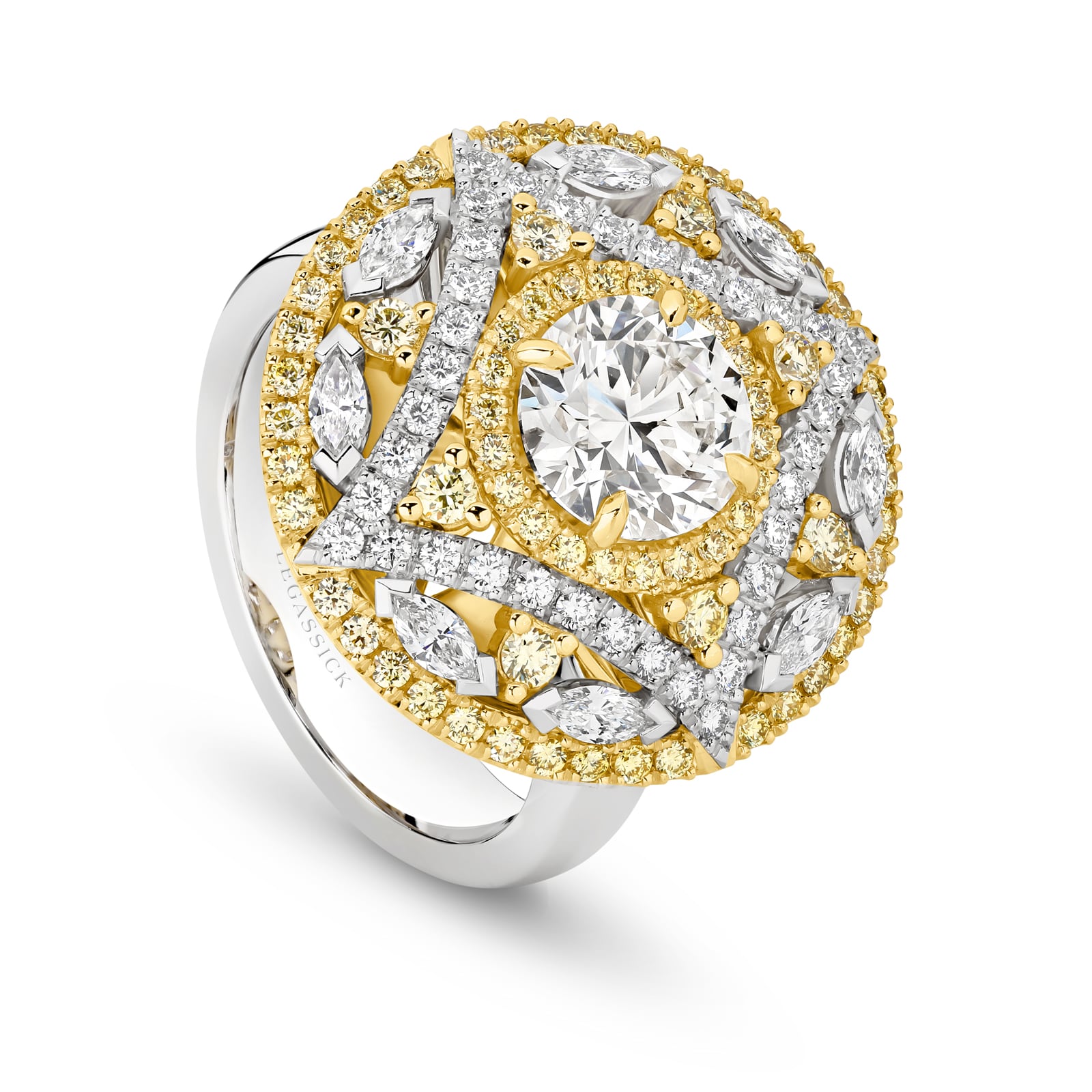 Yellow and white diamond dress ring set in 18ct gold on a white background. Amara ring part of The Beyond Luxury Collection by LeGassick.