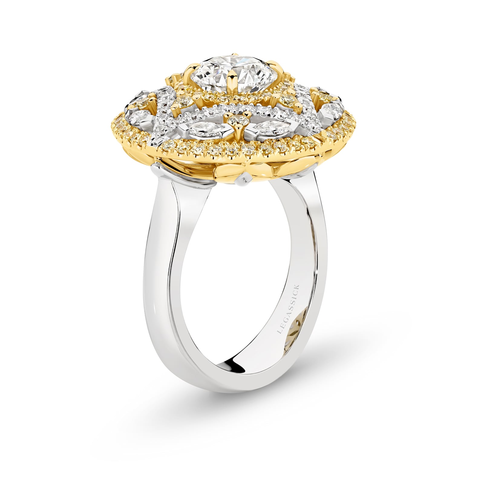 Yellow and white diamond dress ring set in 18ct gold on a white background. Amara ring part of The Beyond Luxury Collection by LeGassick.