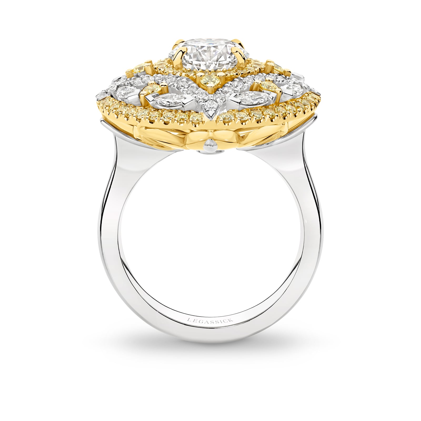 Yellow and white diamond dress ring set in 18ct gold on a white background. Amara ring part of The Beyond Luxury Collection by LeGassick.