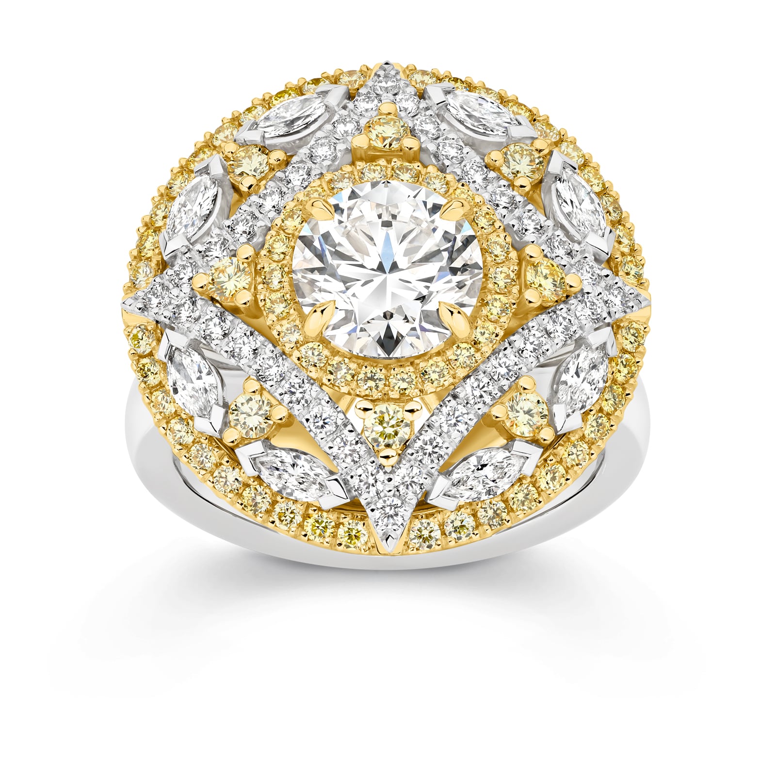 Yellow and white diamond dress ring set in 18ct gold on a white background. Amara ring part of The Beyond Luxury Collection by LeGassick.