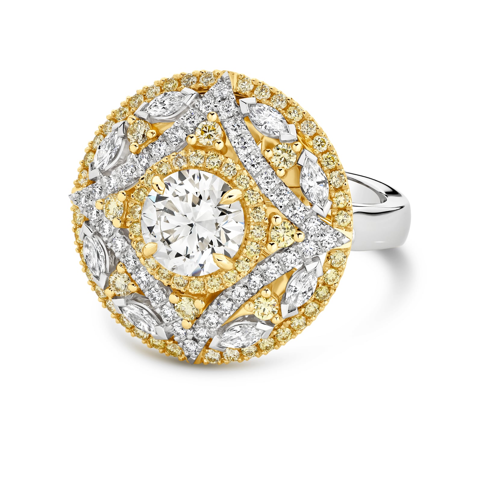 Yellow and white diamond dress ring set in 18ct gold on a white background. Amara ring part of The Beyond Luxury Collection by LeGassick.