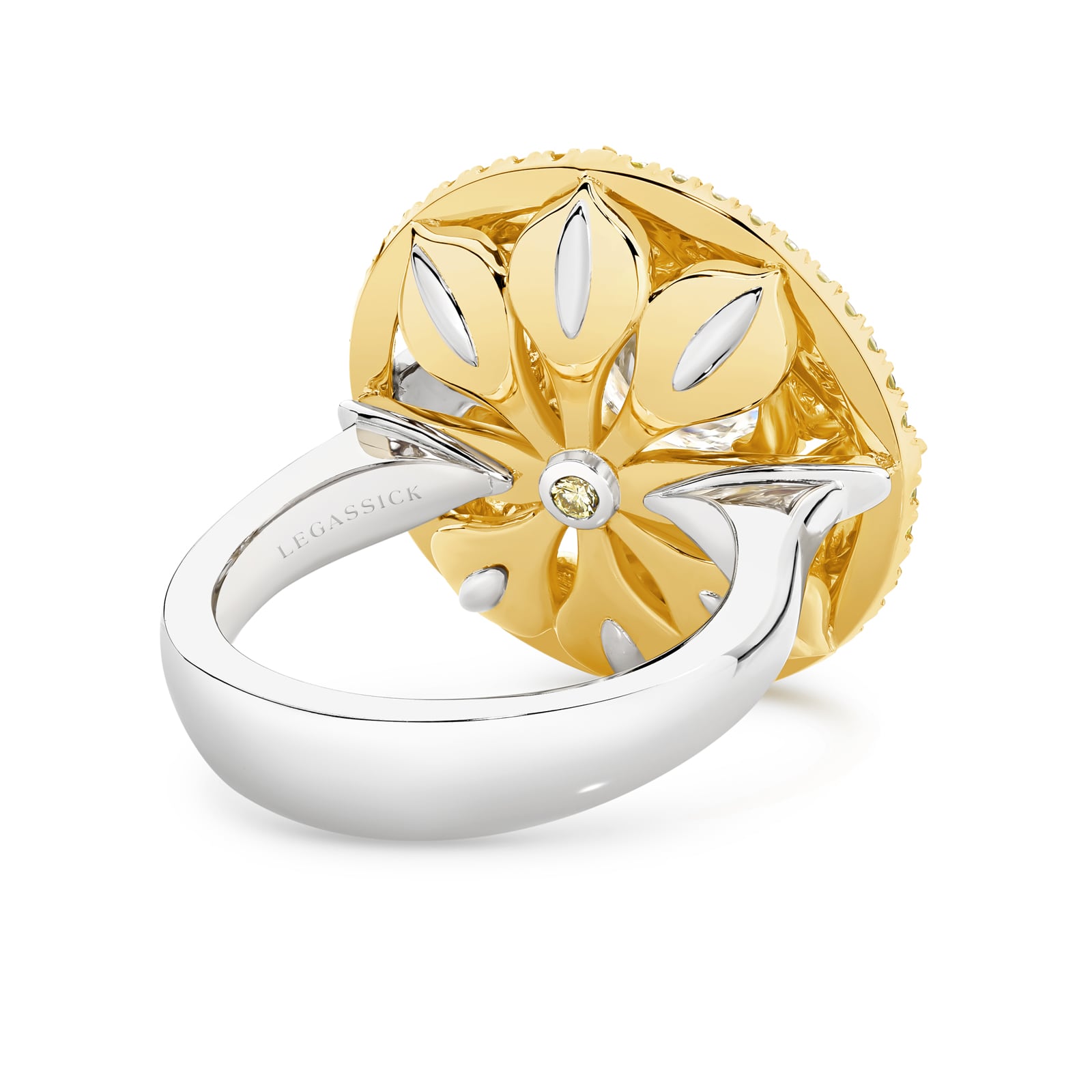 Yellow and white diamond dress ring set in 18ct gold on a white background. Amara ring part of The Beyond Luxury Collection by LeGassick.