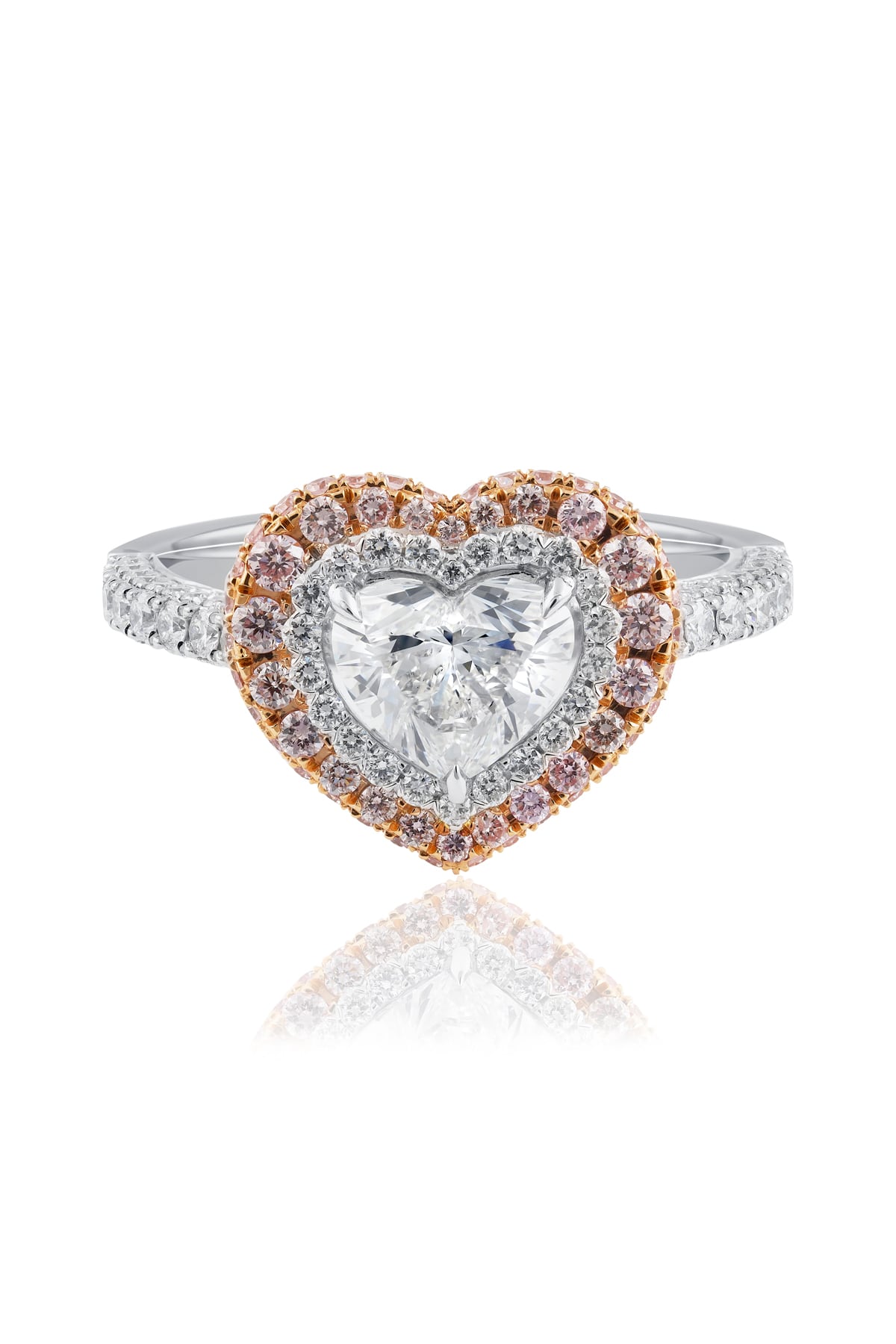 Heart Shaped Diamond Halo Ring With White And Pink Diamonds from LeGassick.