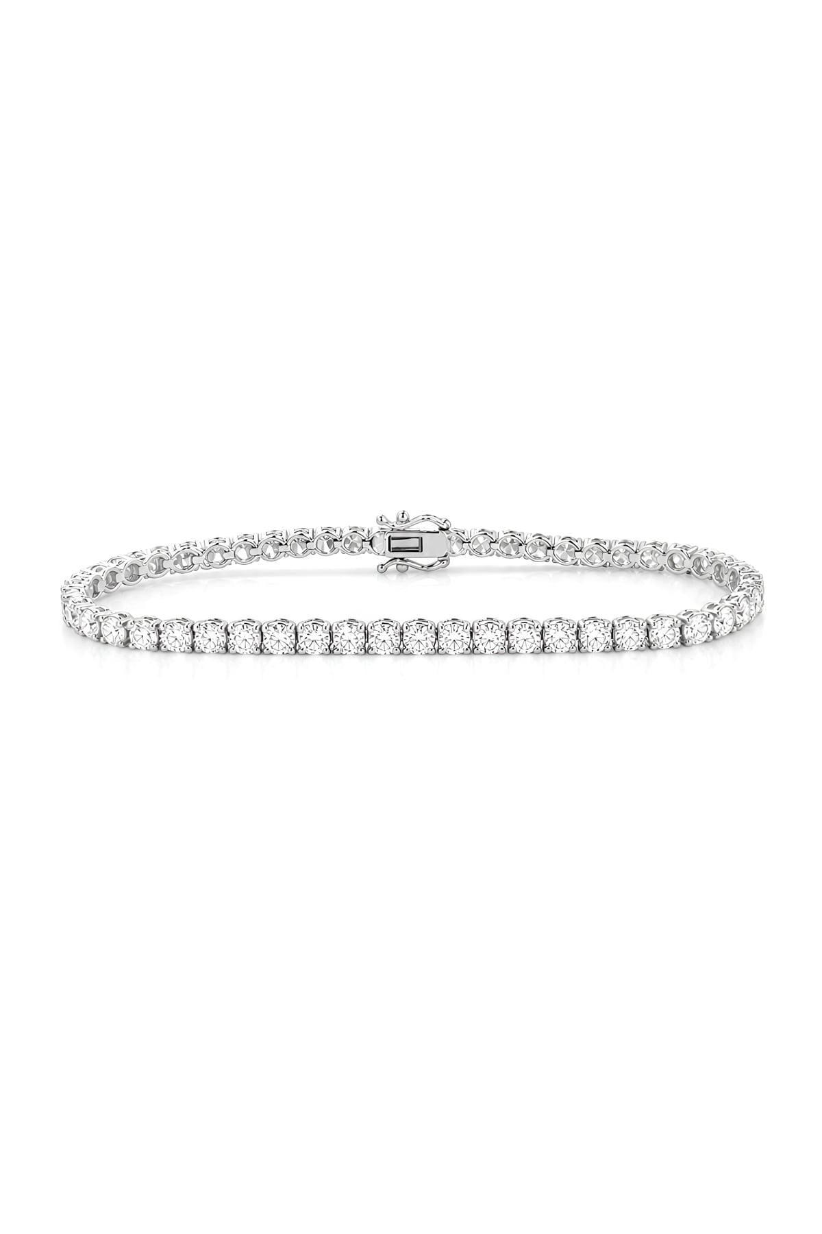 A white gold tennis bracelet with a row of clear round-cut lab diamonds and a clasp, shown against a plain white background.