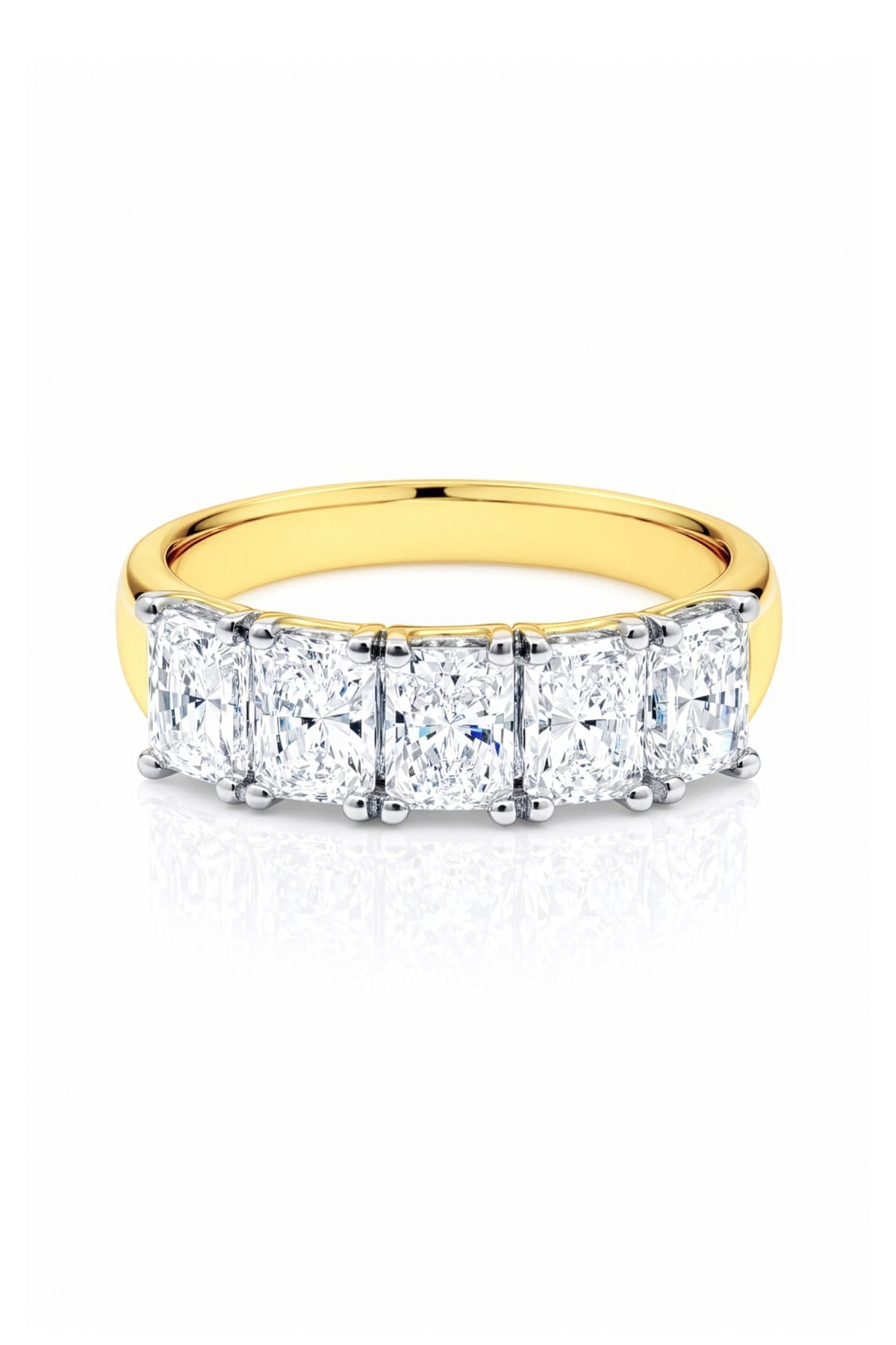 5 Stone gold and lab diamond ring on a white background