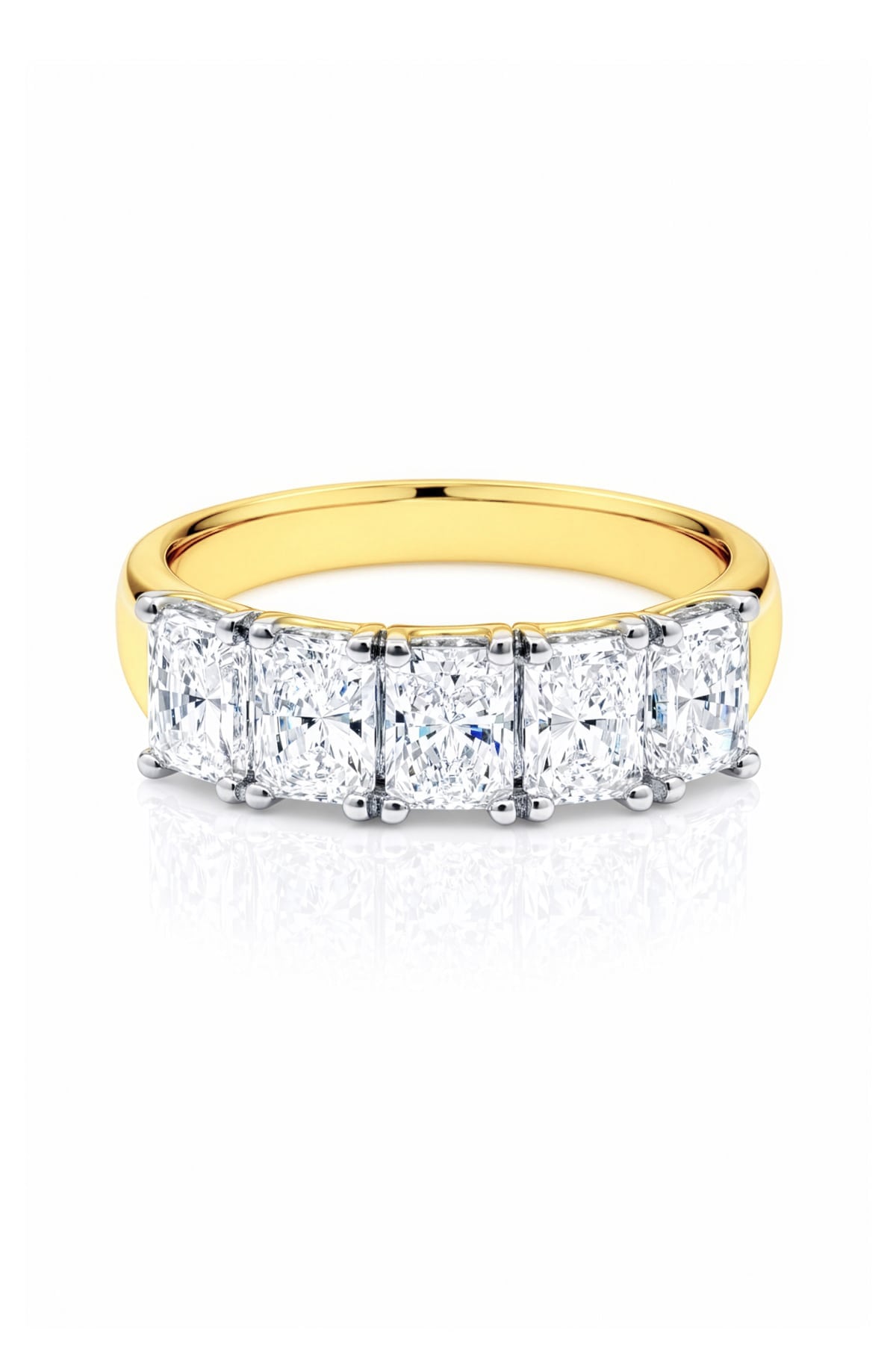 5 Stone gold and lab diamond ring on a white background