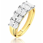 5 Stone gold and lab diamond ring on a white background