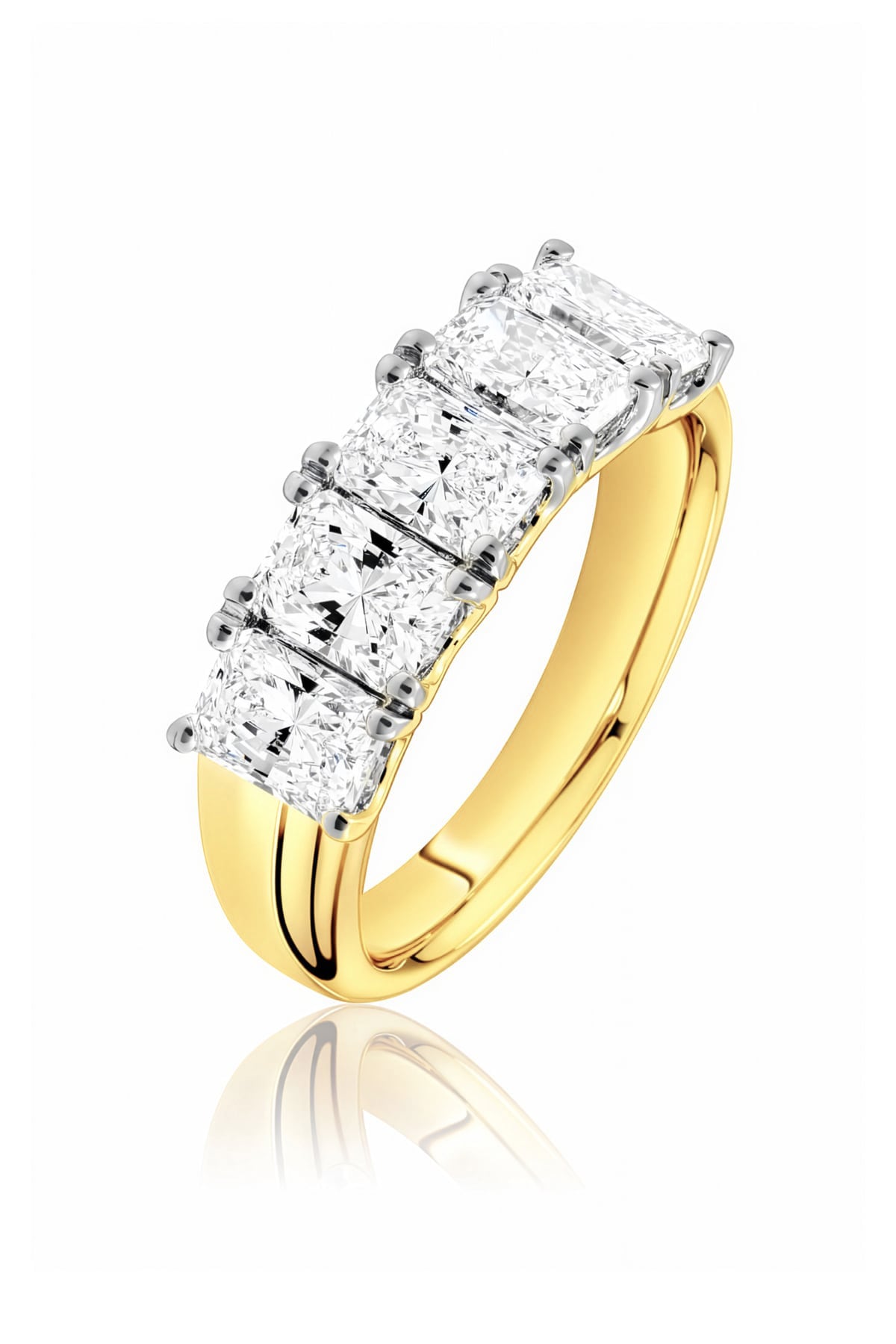 5 Stone gold and lab diamond ring on a white background