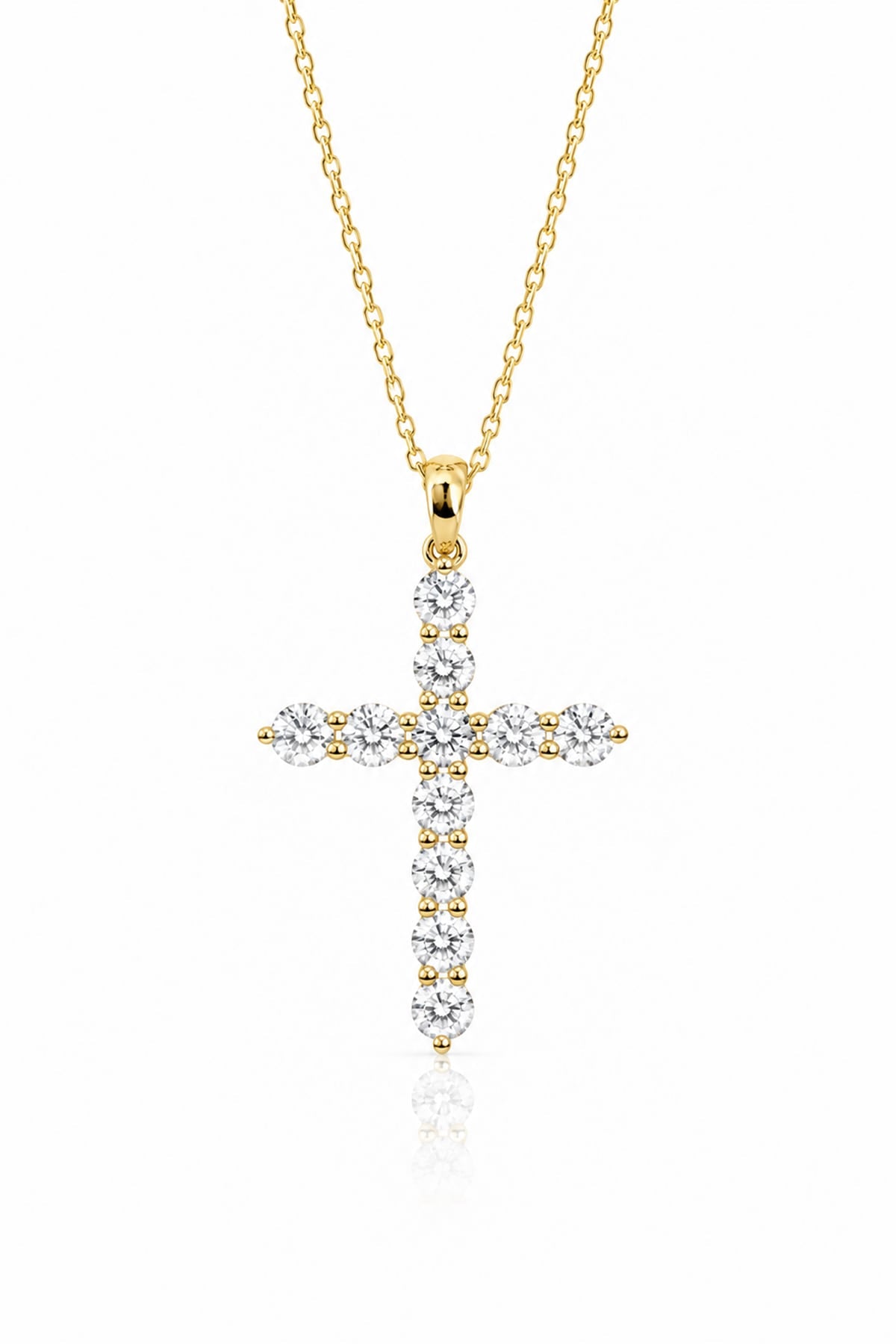 A gold cross pendant necklace adorned with clear round-cut diamonds, suspended from a delicate gold chain against a white background.