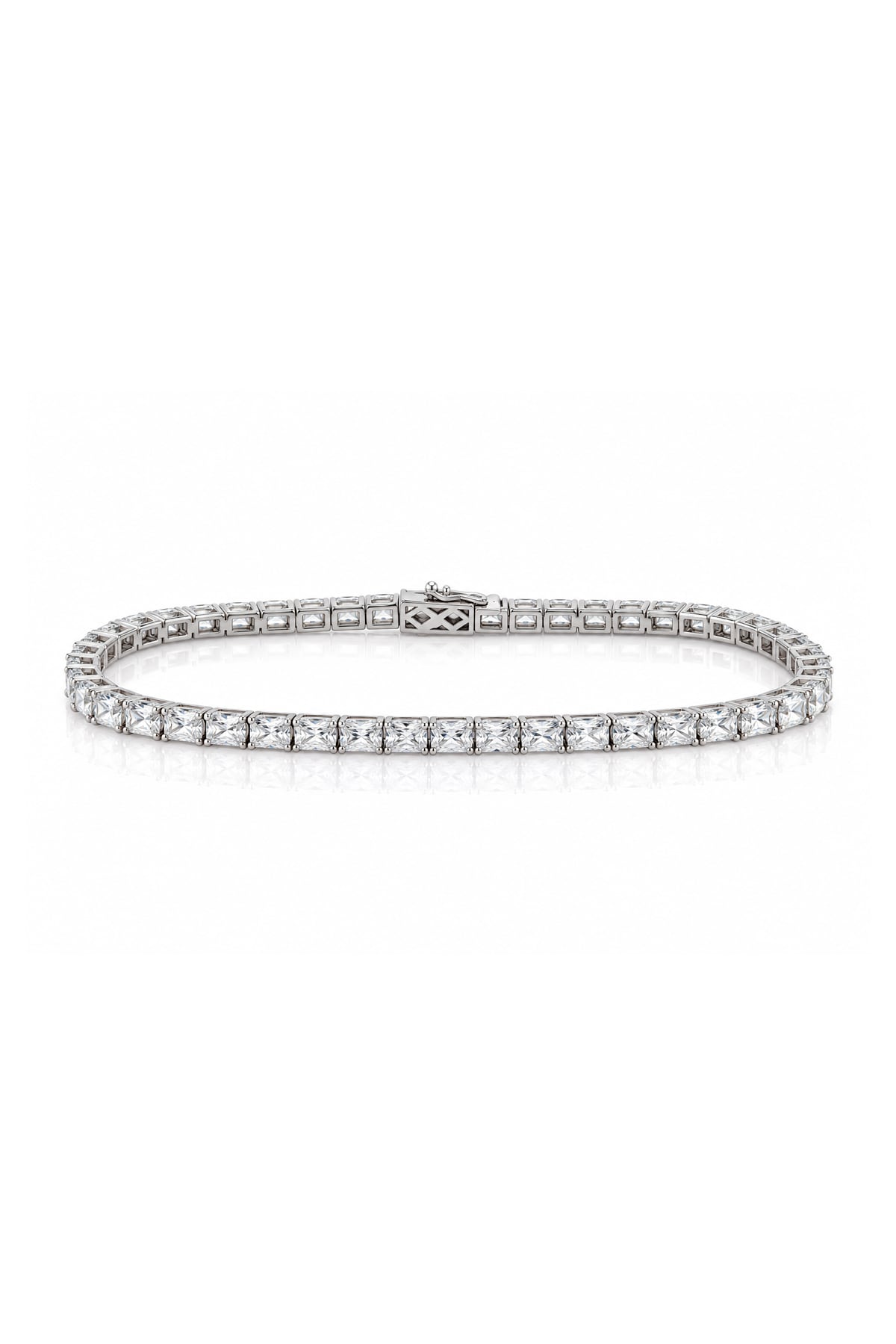 A platinum tennis bracelet with a continuous row of clear round-cut diamonds, displayed horizontally against a plain white background.