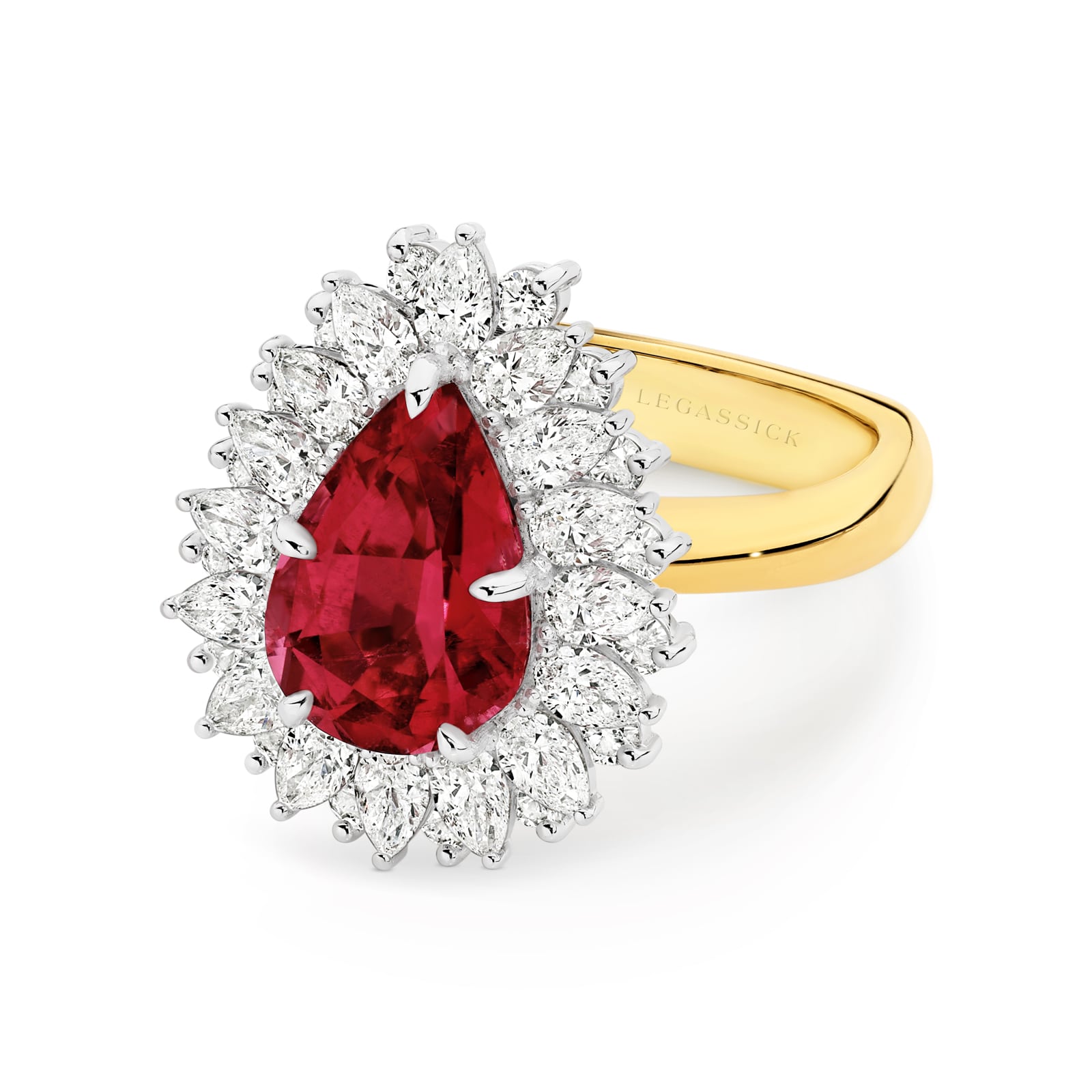 Josephine is a 3.60ct pear-cut Rubellite tourmaline ring embraced by an exquisitely handcrafted pear cut and round brilliant cut diamond halo, set in white and yellow gold. She was designed and handcrafted by LeGassick's Master Jewellers, Gold Coast, Australia.