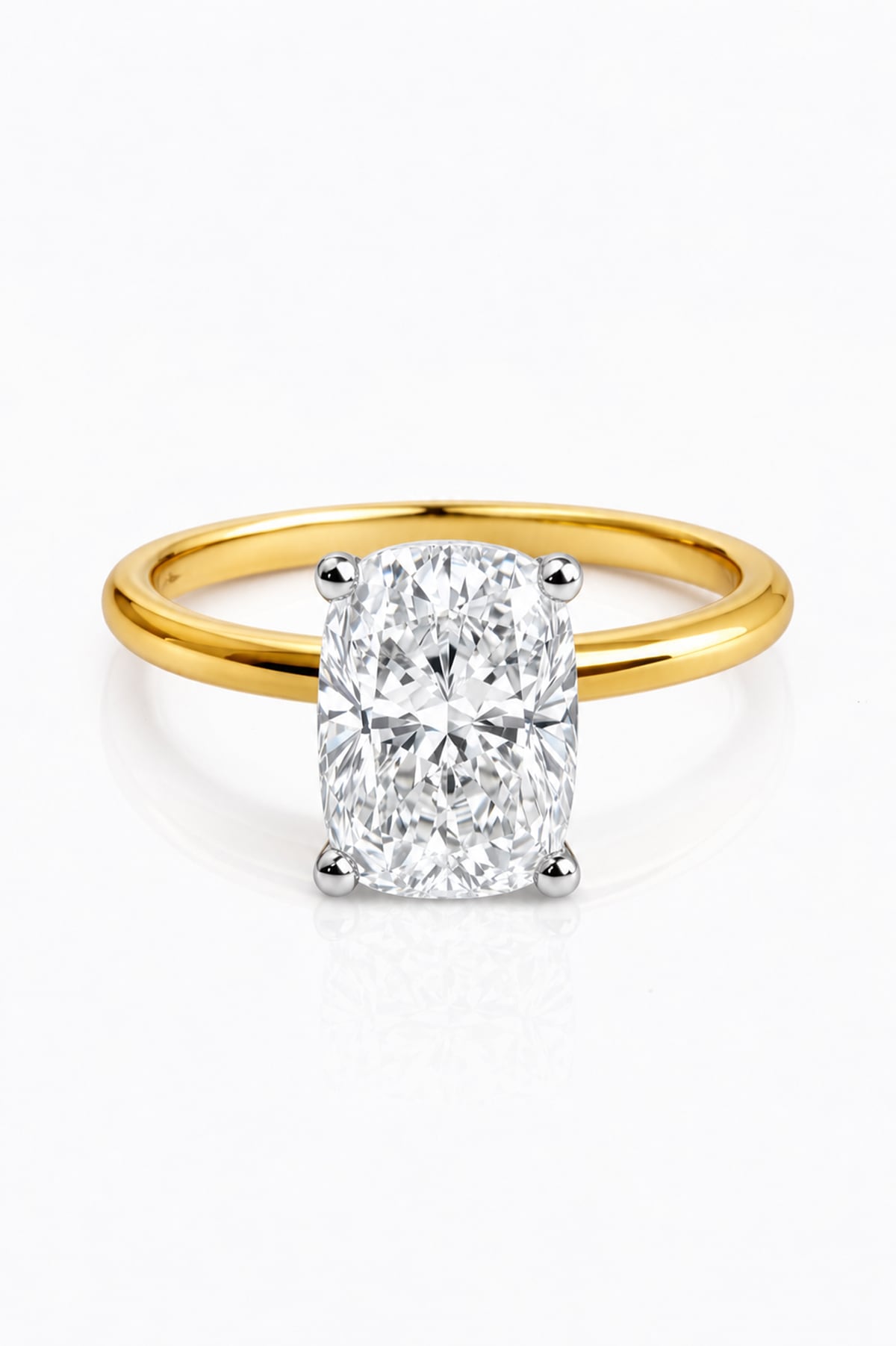 Gold ring with a lab diamond on a hand against a neutral background