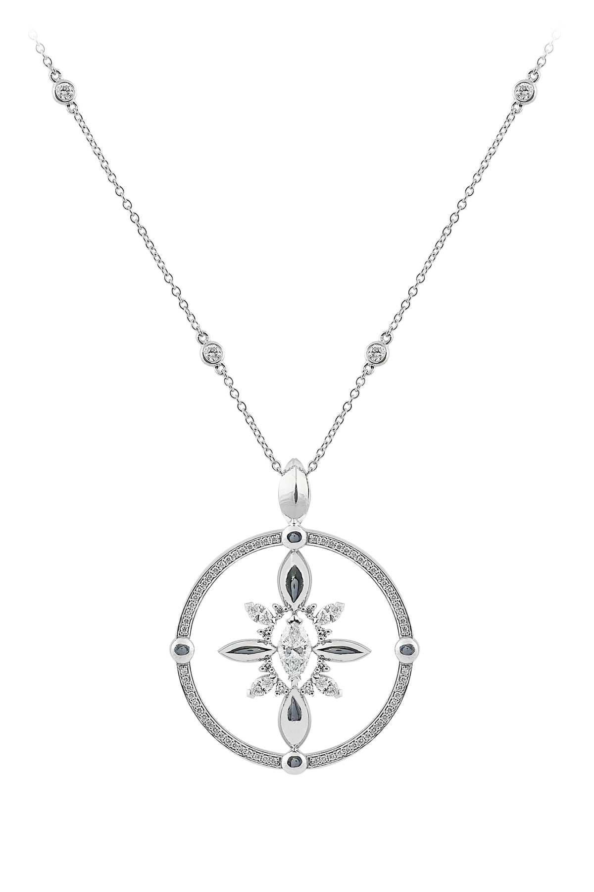 Diamond Marquise Circle Pendant In 18 Carat White Gold from LeGassick Jewellers.