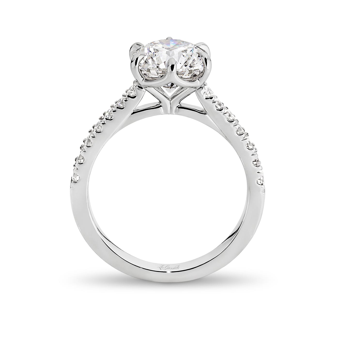 Milena features a 2.01 carat round brilliant cut white diamond at her centre. She is supported with a total of 14 round brilliant cut diamonds down her shoulders. She was designed and handcrafted by LeGassick's Master Jewellers, Gold Coast, Australia.