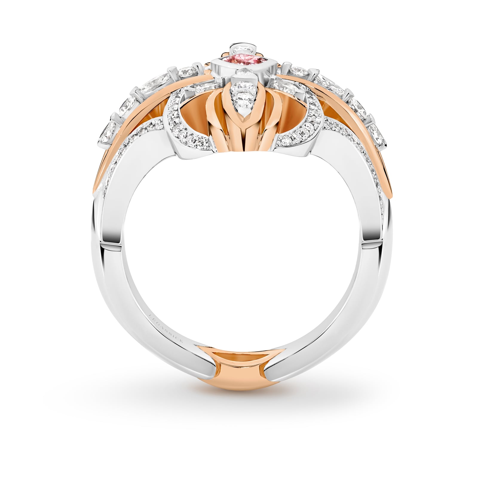 Nareece is a rare natural cushion-cut pink diamond ring set in white and rose gold. She was designed and handcrafted by LeGassick's Master Jewellers, Gold Coast, Australia.